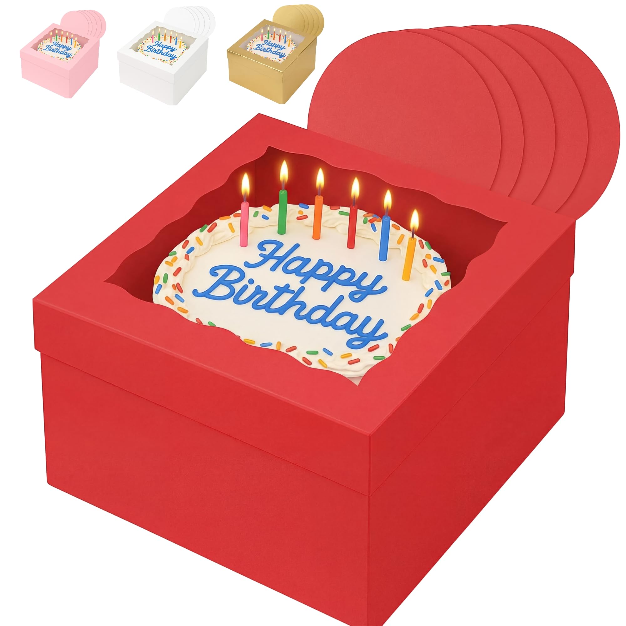 5pcs Cake Box with Window 12x12x6 Inch | 5 Boards Large Cardboard Cake Boxes with Lid | Bakery Pastry Dessert Tart Box | Sturdy Food Packaging for Birthday & Wedding Cakes Red (30.5x30.5x15.2cm)