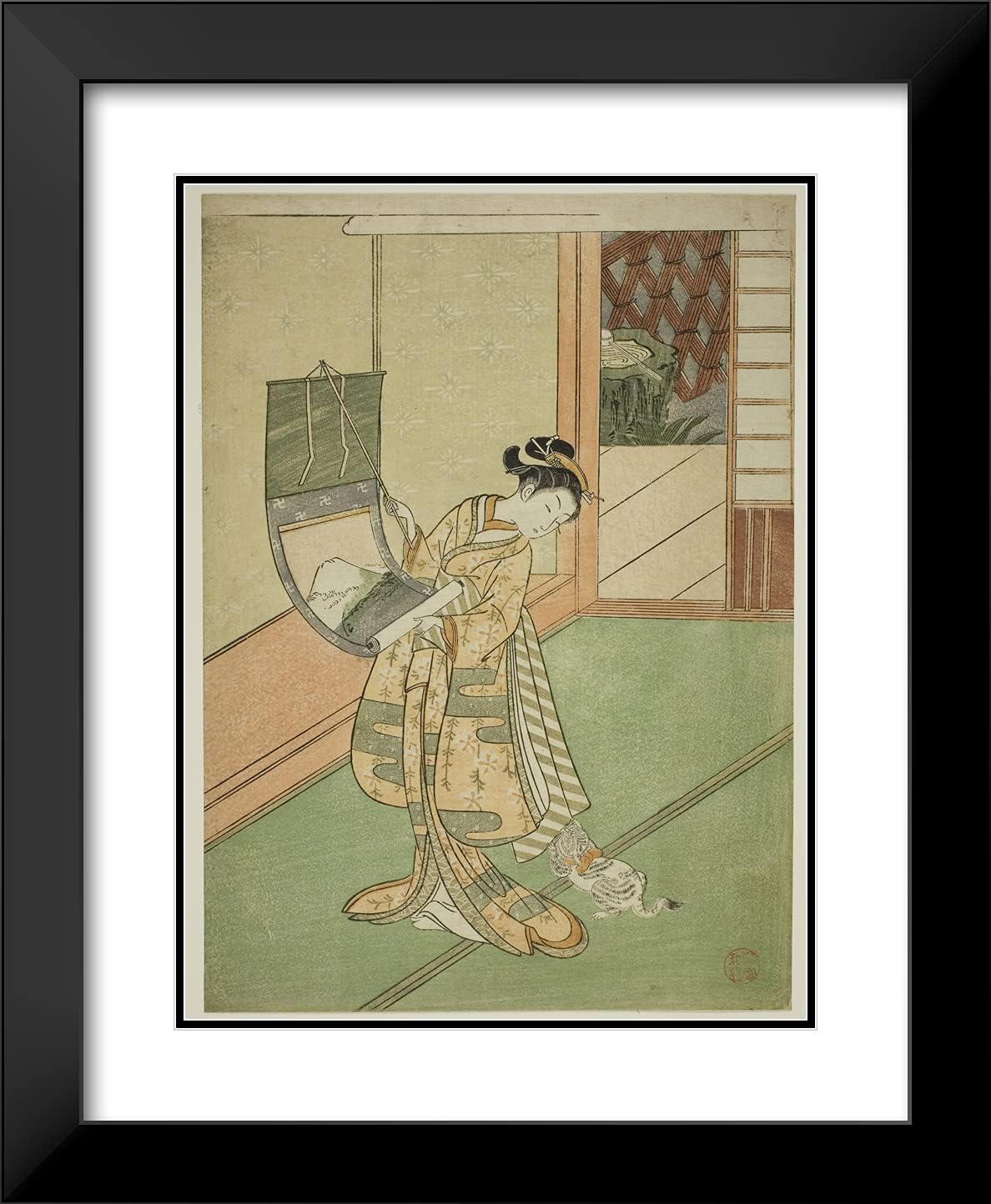 ArtDirect Suzuki Harunobu 20x24 Black Modern Framed and Double Matted Art Print Titled Hanging a Painting (Parody of The Third Princess)