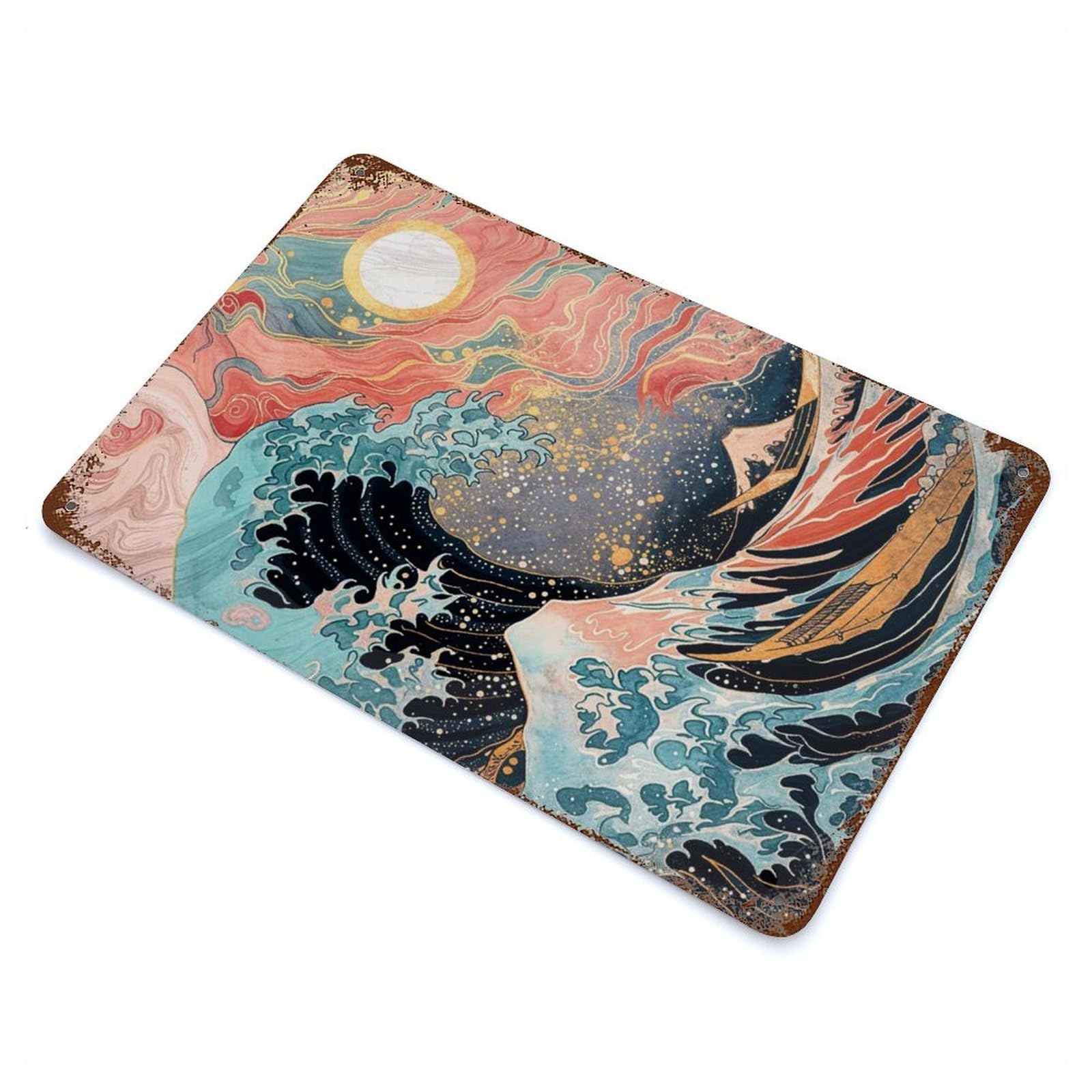Garage Style The Great Wave at Sunset Aged Metal Wall Plaque 11.8"x7.9", Farmhouse Wall Decor for Bar And Workshop