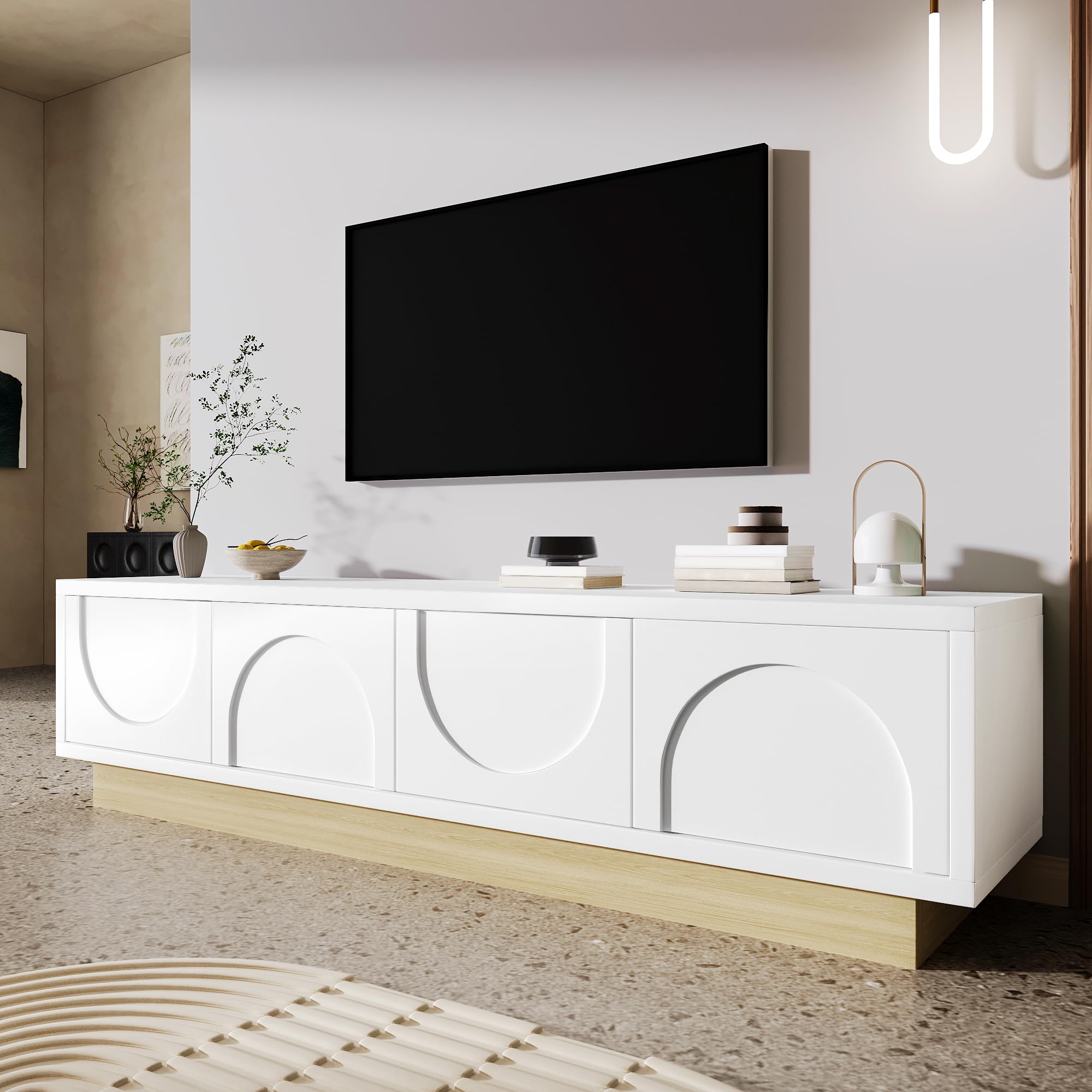 Merax Meuble TV blanc avec grain de bois - 175 cm - Design incurvé minimaliste - Espace de rangement suffisant et gestion des câbles - Sans poignée avec fonction push-to-open - 175 x 40 x 42 cm (L x l