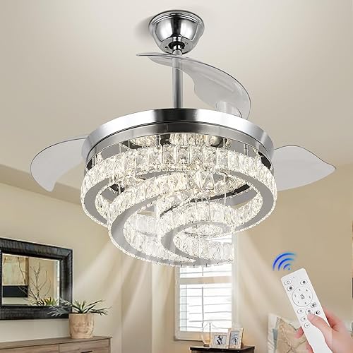 Miniatura 9 de Cainjiazh 42" Dimmable Fandeliers Modern Crystal Chandelier Ceiling Fan with Lights LED Invisible Fandelier Crystal Chandelier Fan 3 LED Color