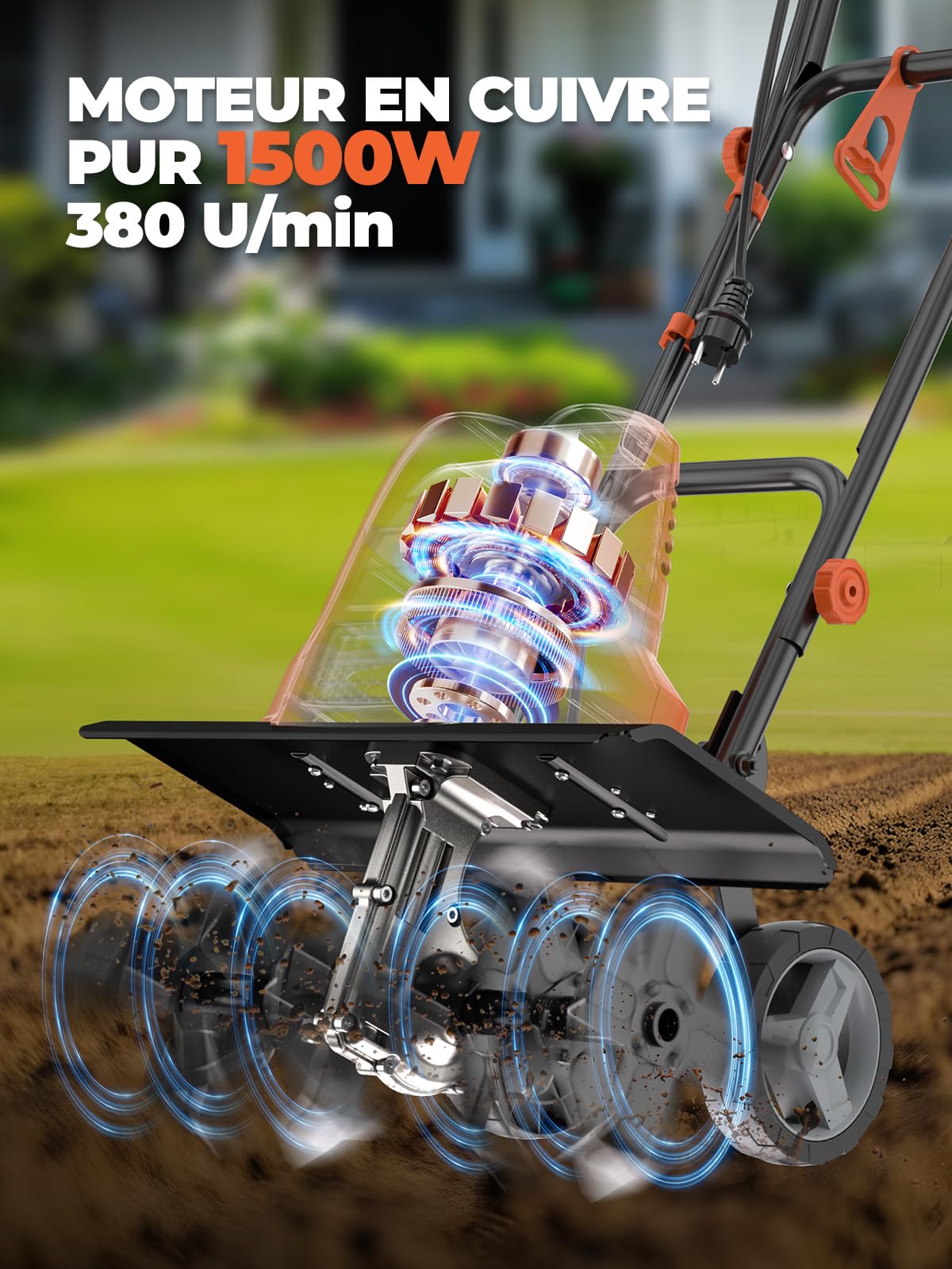 MYTOL Motobineuse Électrique 1500W, Largeur de Travail 45cm, Profondeur 22cm, Bêche Légère avec 6×4 Dents en Acier Robuste, Poignée Pliable, Double Bouton de Sécurité, Protection contre la Surchauffe