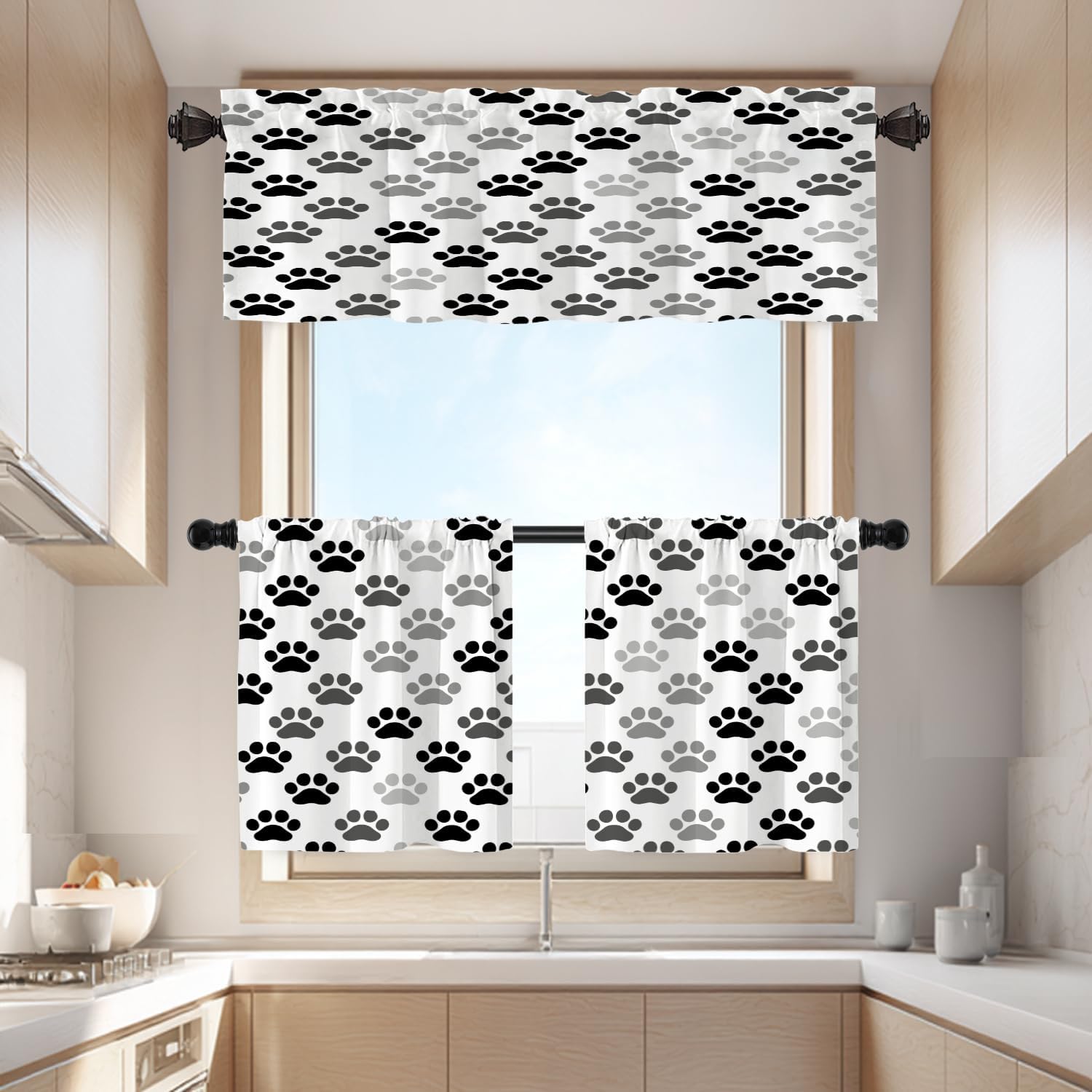 Batmerry Black Animal Paw Cat Dog Tier Curtains, Colorful Paw Prints Cafe Curtain Short Kitchen Drapes Small Valance for Bathroom, 2 Pack 36X26 Inches