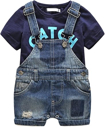 Cute Baby Boys Clothes Toddler Jeans Romper Set with Blue Letters Printed Short Sleeve T-Shirt
