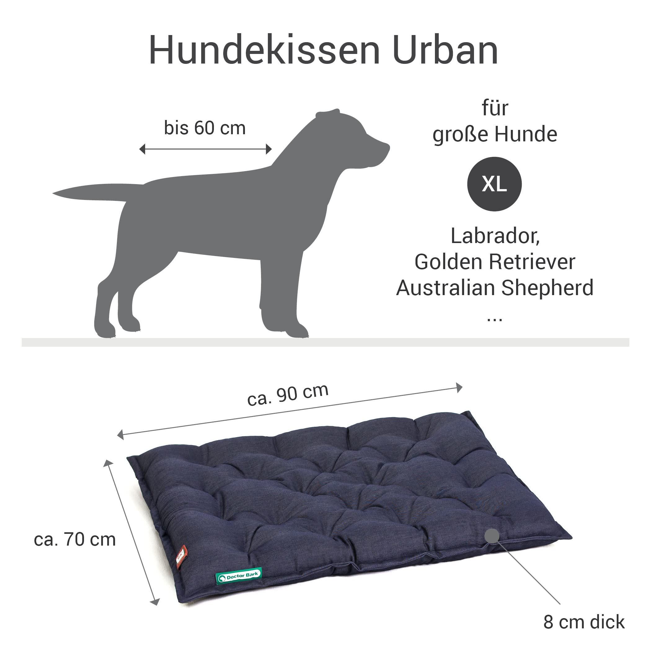 Doctor Bark Coussin pour Chien Urban - Lit orthopédique pour Chiens de Grande Taille - Matelas Robuste pour Chien intérieur/extérieur - Fabriqué en Allemagne (XL - 90x70 cm, Bleu Royal)