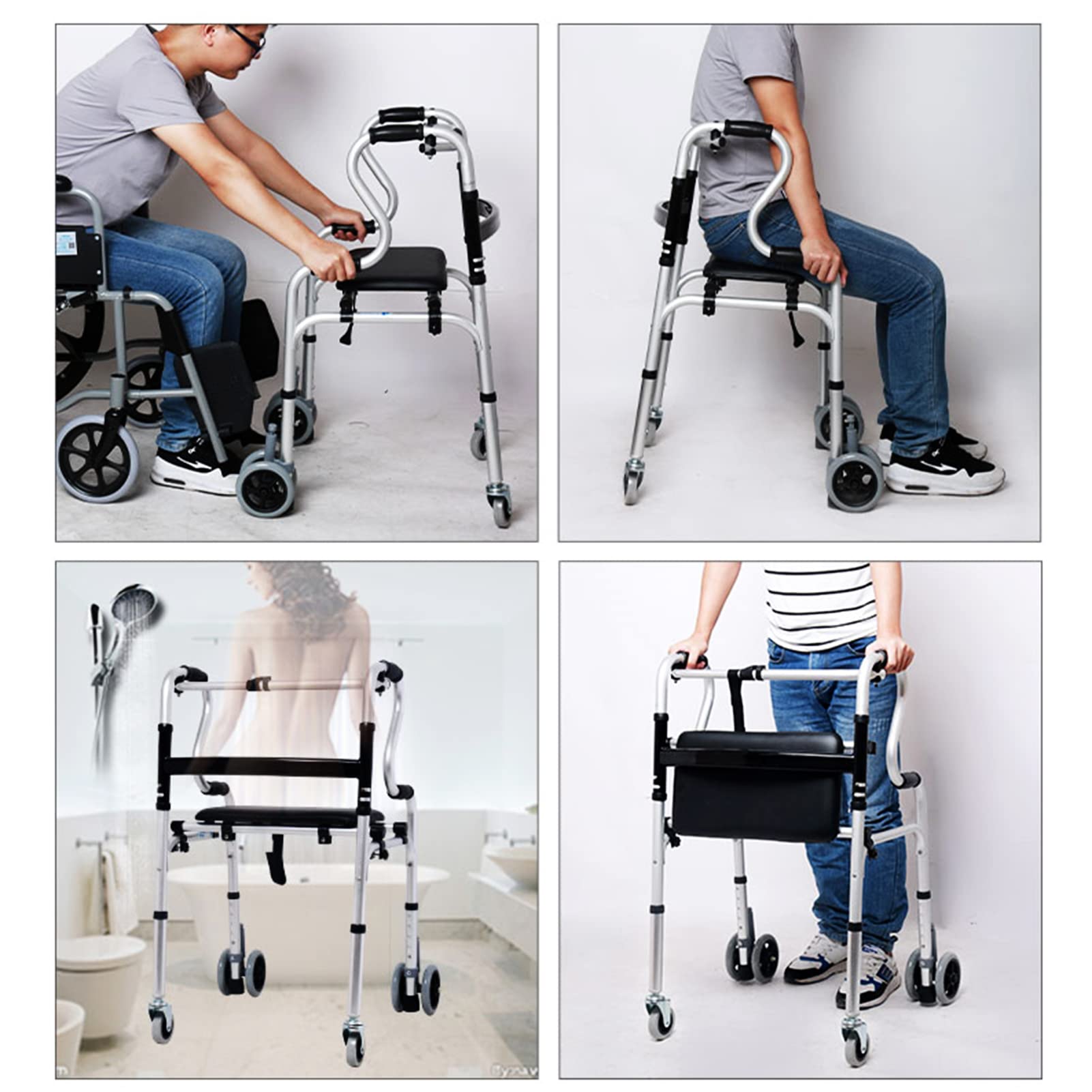 HMTE Andador Plegable para Ancianos Ruedas y Asientos con Frenos Andador de Pie Multiusos Asistido Aleación de Aluminio Ligero y Plegable Equilibrio y Estabilidad