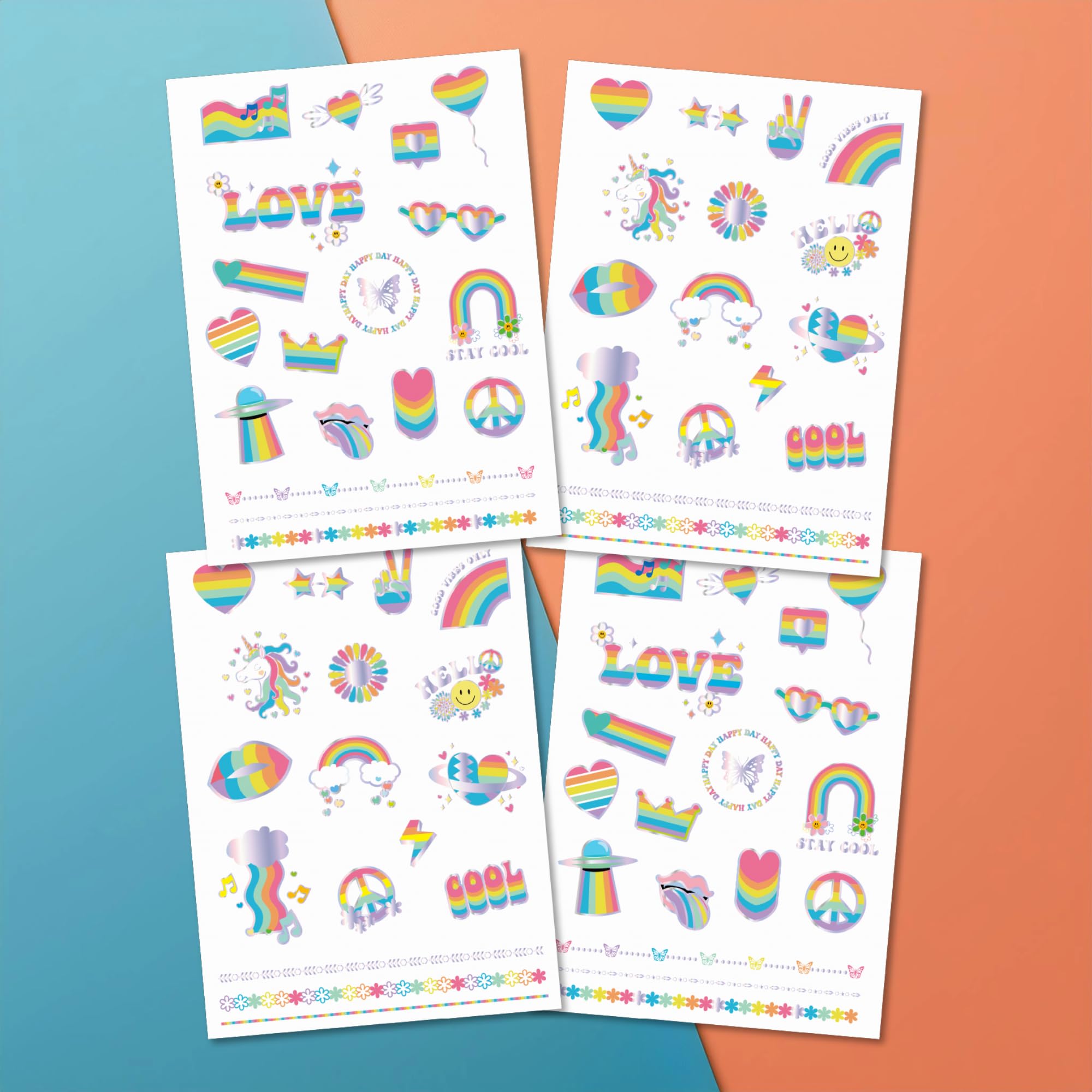 PapaKit Rainbows and Kisses Temporary Fake Tattoo Set, 4 Sheets 35 Styles with Metallic Iridescent Foil | Girls & Boys Birthday Party Favor Gift Supply, Non-Toxic Safe Removable