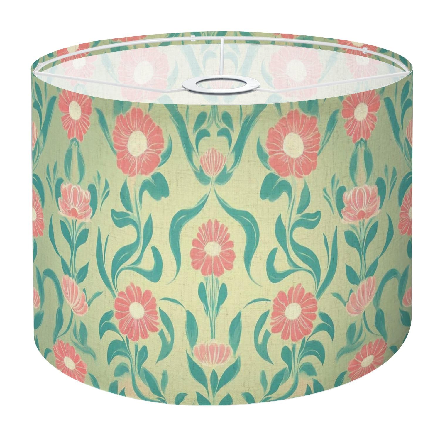 Drum Lamp Shade Large Lampshade Floral Pastel Green Pink Flowers Leaves Swirls Petals Stems for Floor Lamps Table Lamps Pendant Light Linen Lampshades Replacement Bedside Light Shades