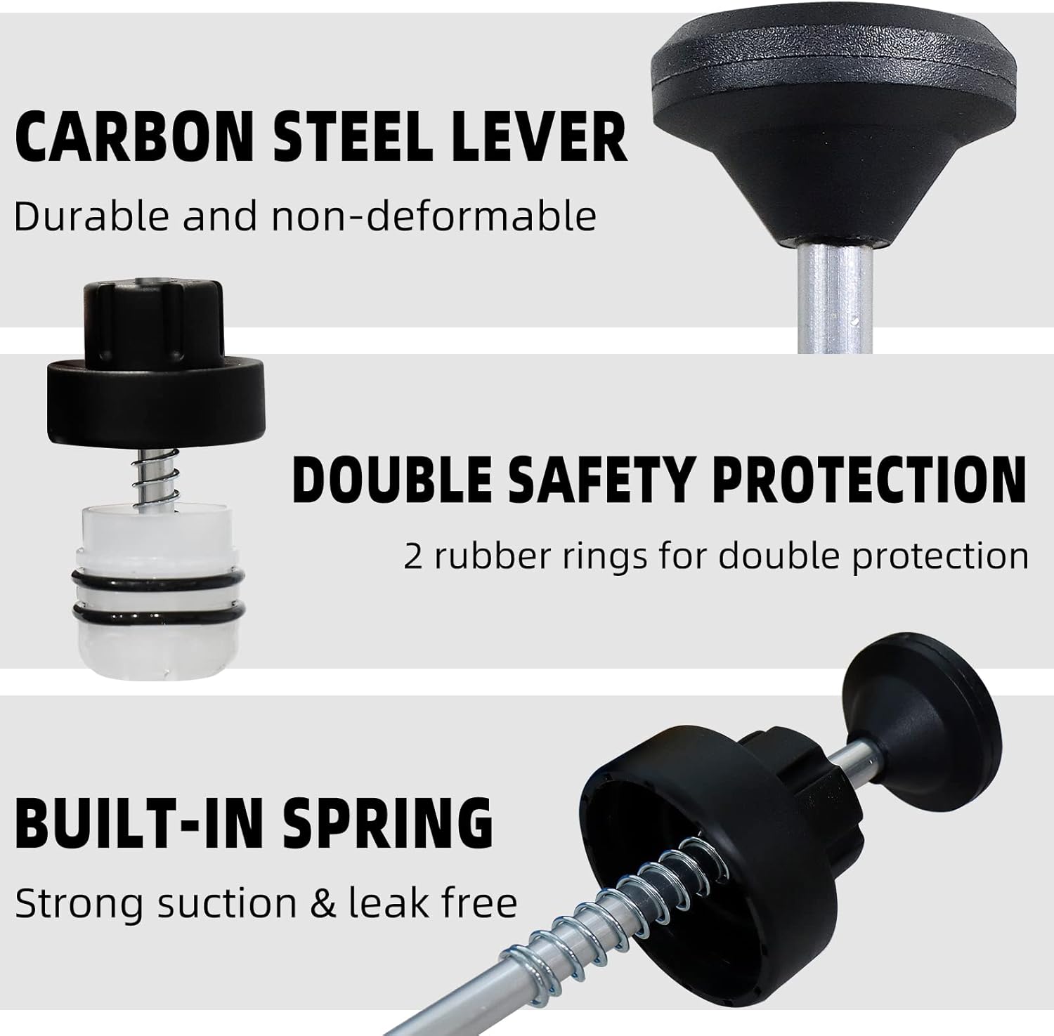 Close-up views of the CCLIFE fluid extractor's internal components: carbon steel lever, double safety protection with two rubber rings, and a built-in spring for strong suction.
