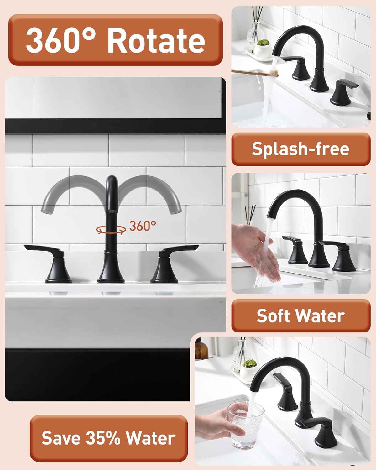 Fapully Black Bathroom Faucet 3 Hole, 8 Inch Widespread Bathroom Sink Faucet with Pop-up Drain, Two-Handle Faucet for Bathroom Sink Matte Black