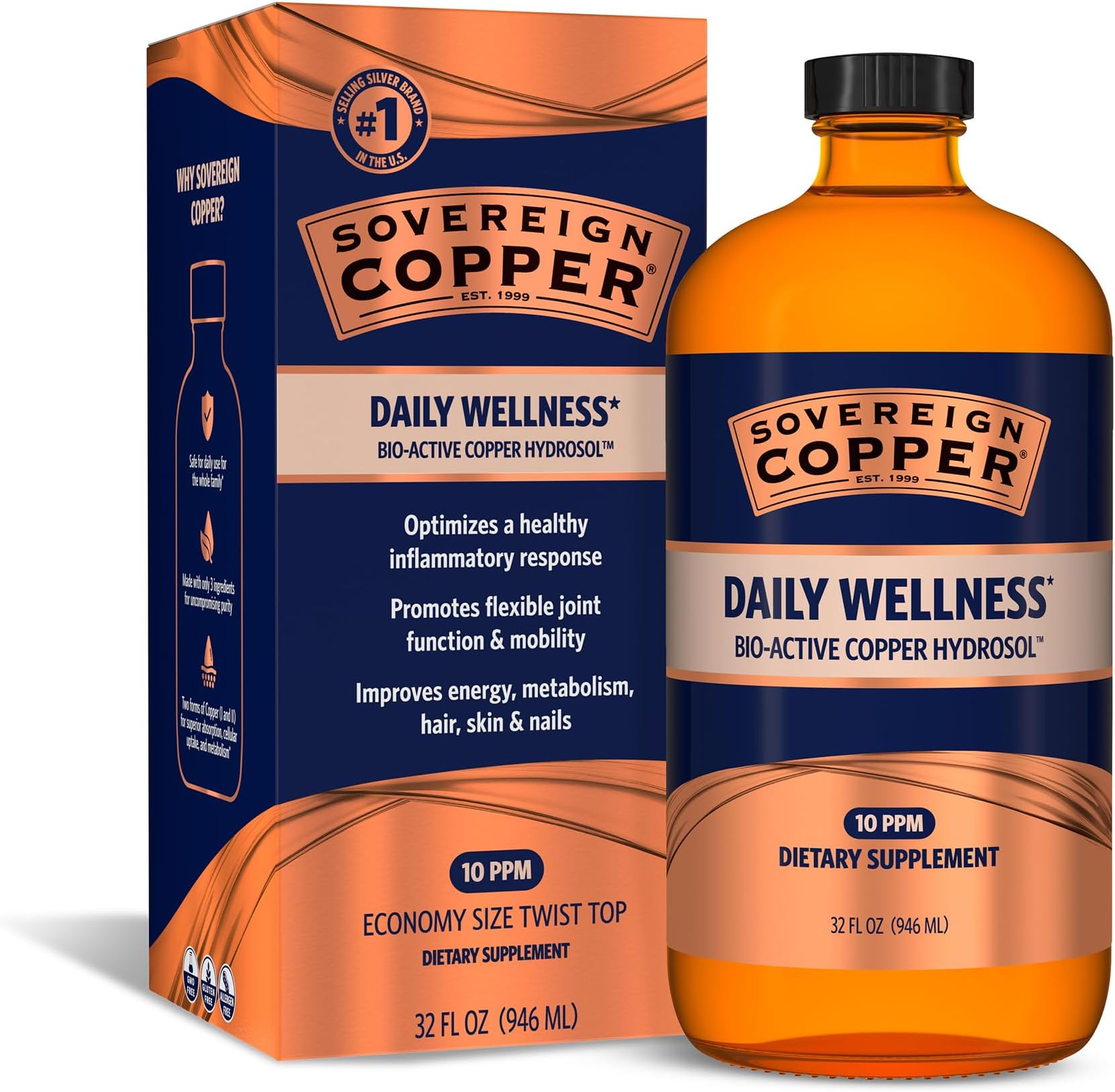 Sovereign Copper Bio-Active Copper Hydrosol, Daily+ 4-in-1 Wellness Supplement for Joint, Bone, Hair, Skin and Nails, Cardiovascular Health, Energy and Metabolic Health Support, 32 fl oz (946mL)