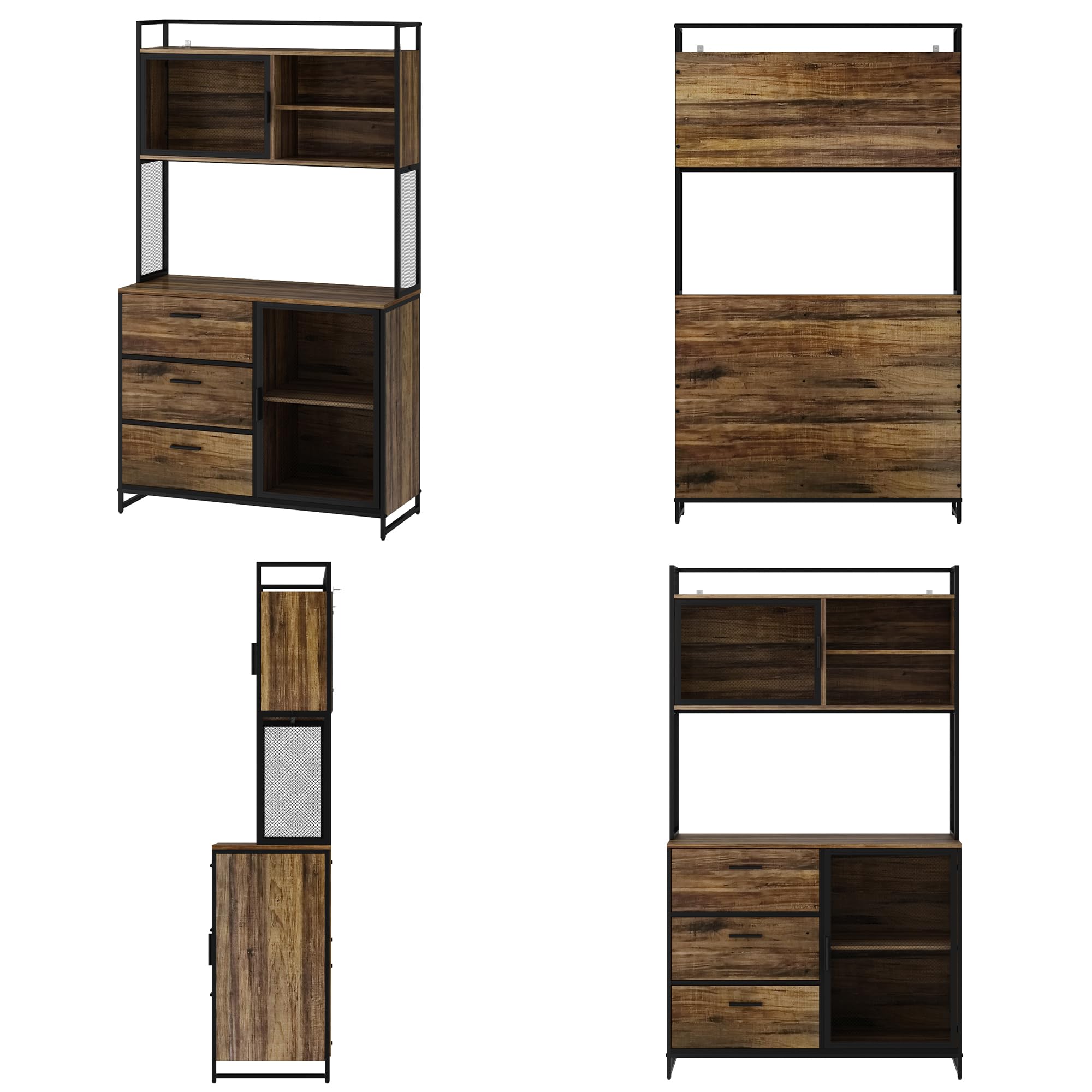 Buffet de Cuisine Industriel 100cm – Armoire Haute 175cm avec 3 Tiroirs, Porte Vitrée & Étagères Ouvertes – Meuble Métal-Bois pour Cuisine & Salle à Manger, 100×175×40cm