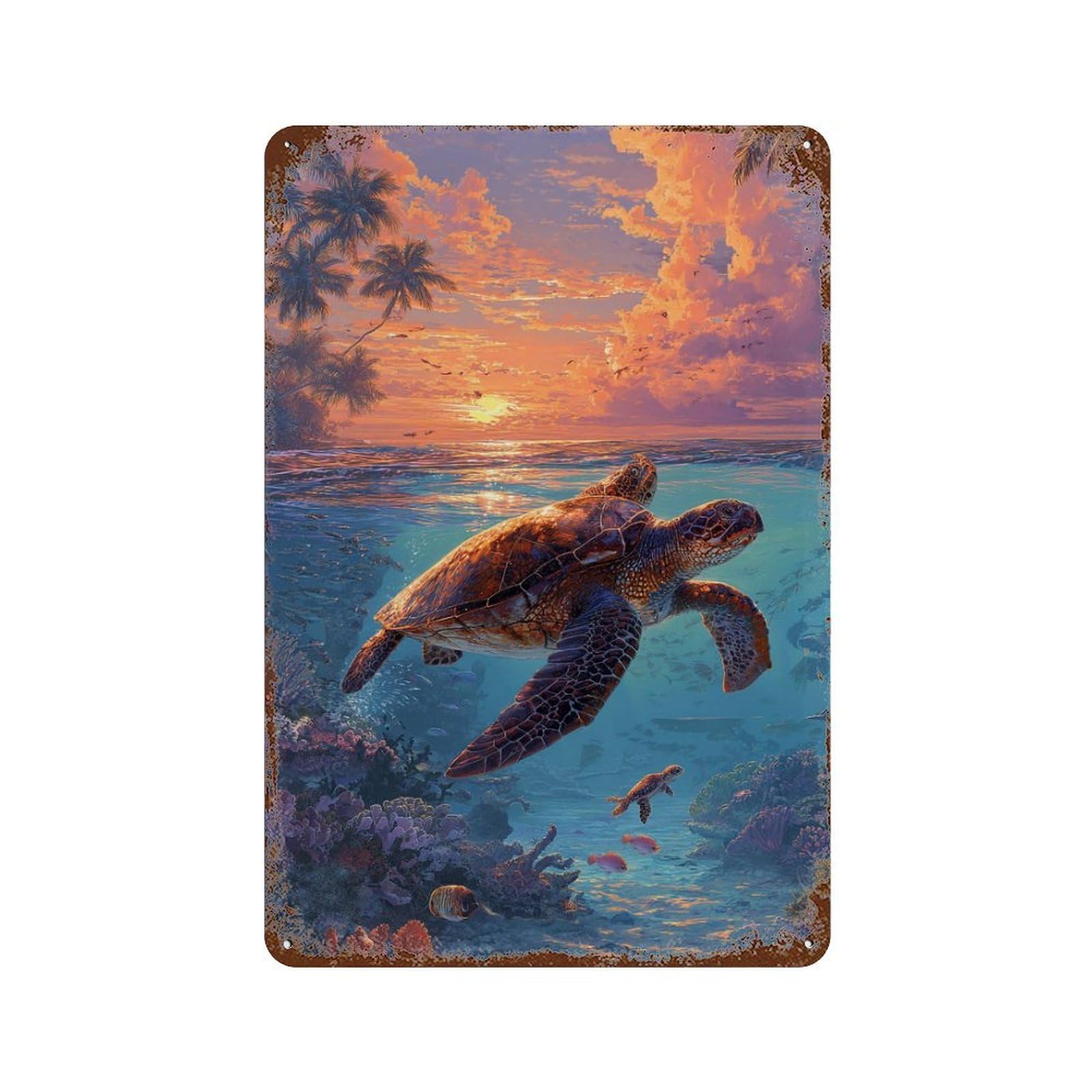 Tropical Sunset Sea Turtles Rustic Tin Plaque 11.8"x7.9", Vintage Wall Decor for Garage, Pub Or Kitchen
