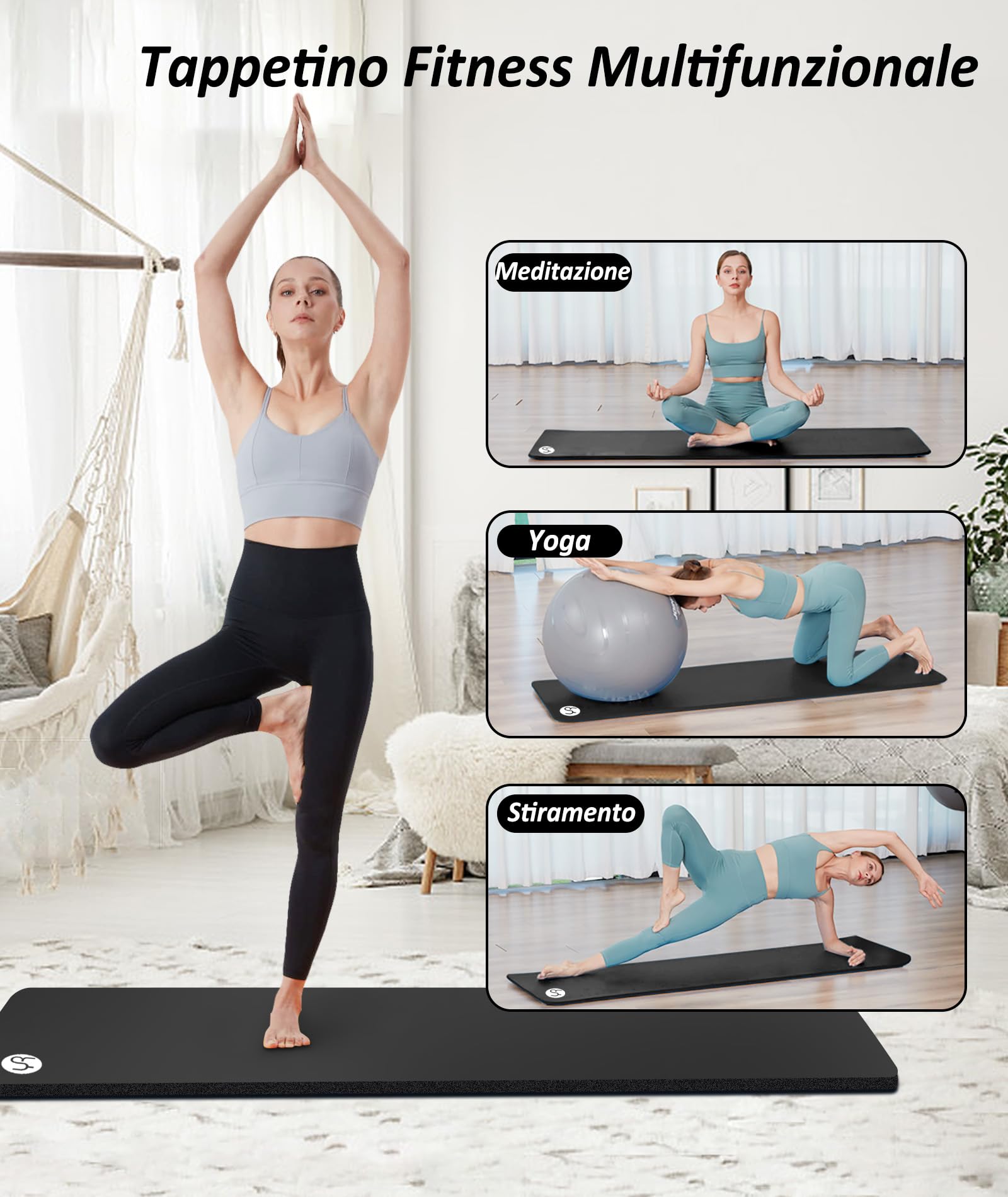 Tappetino da Yoga Antiscivolo NBR 183×61cm 15mm Spesso Tappetino Ginnastica con Cinghia di Rilegatura e Borsa a Rete