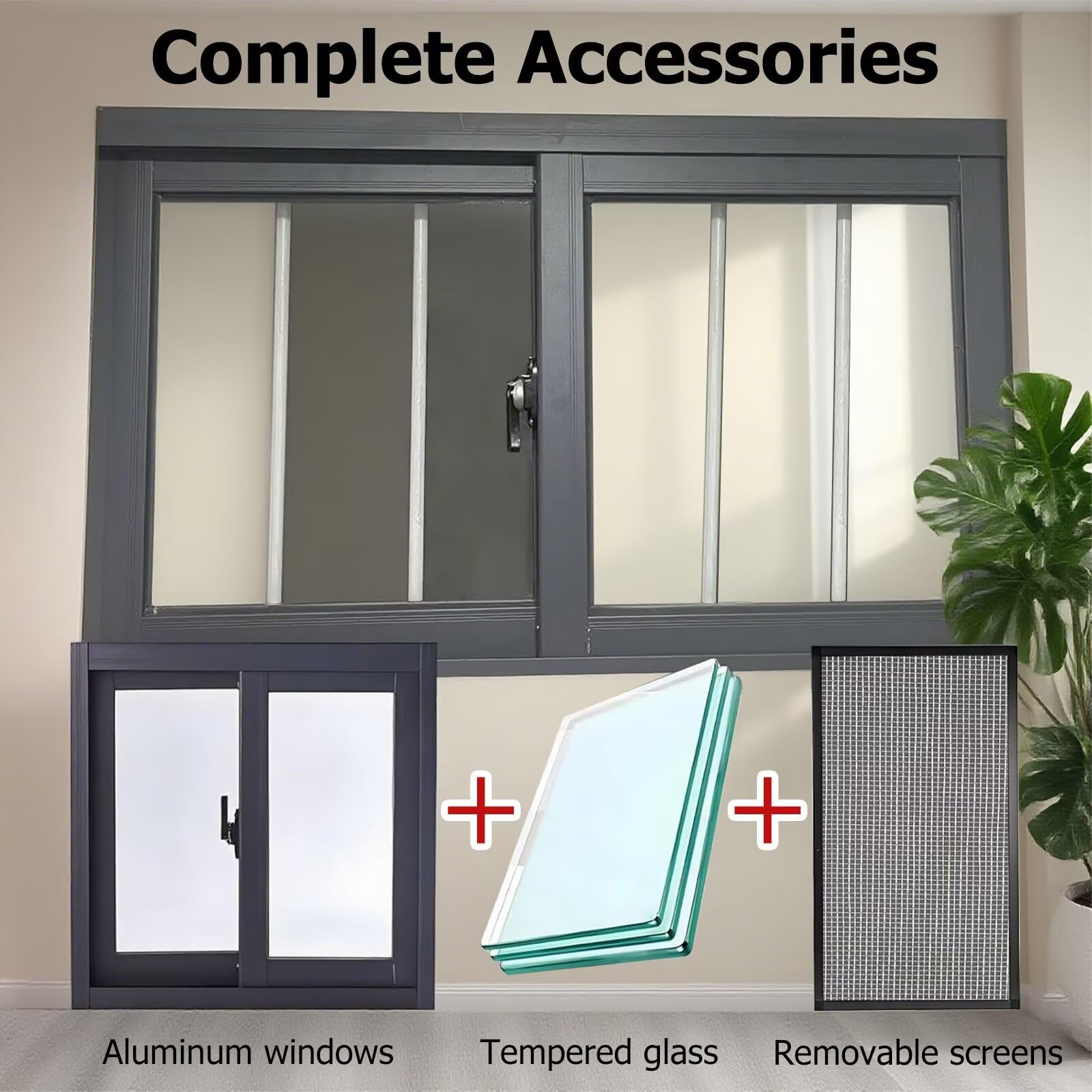 Repuesto de ventana de vidrio templado de aluminio gris oscuro de 43 x 39 pulgadas para el hogar, sótano, ducha, casa de mascotas, escaleras, elegante, eficiente energéticamente y fácil de instalar