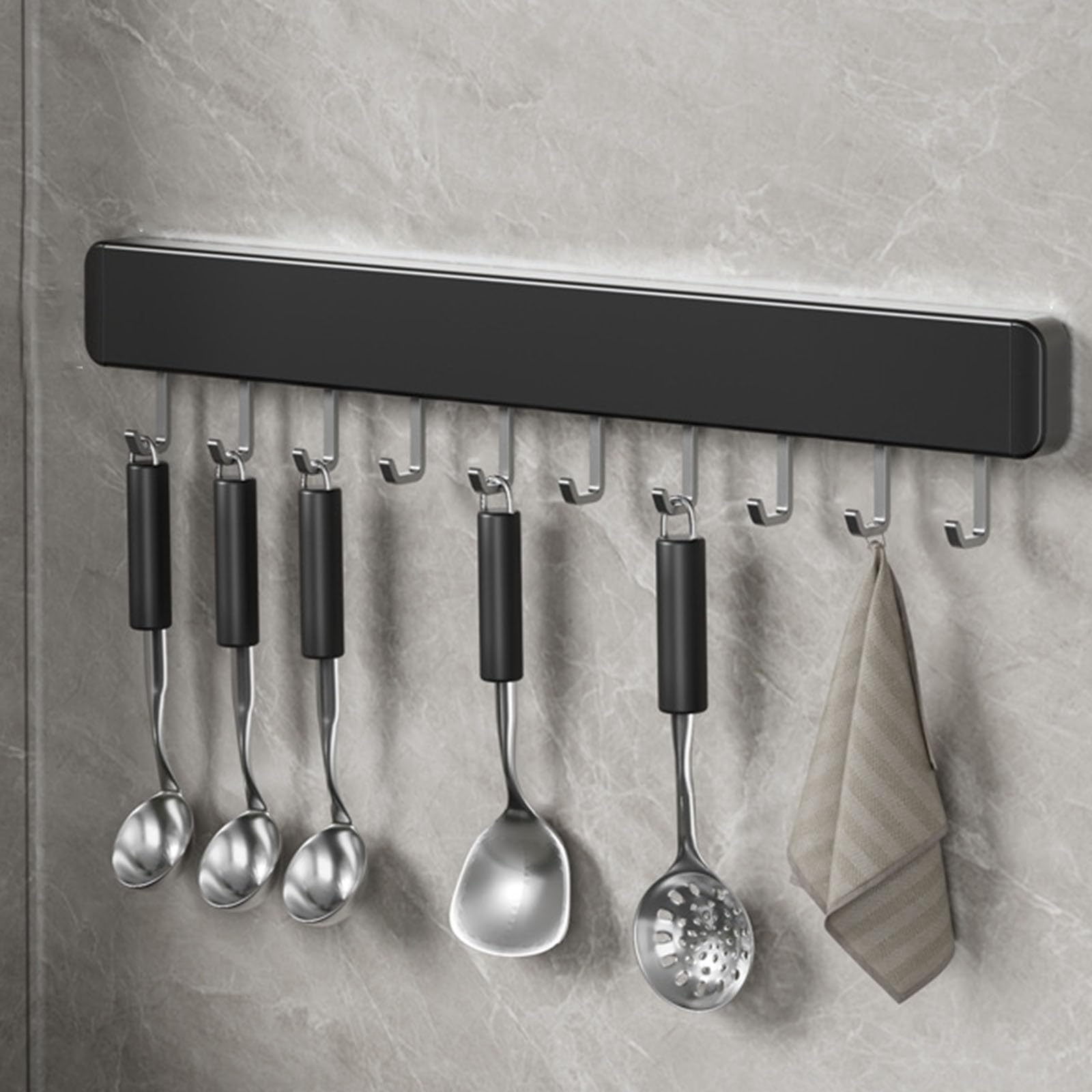 Kitchen Utensil Hanger Wall Mounted Hooks, No Drilling Removable and Adjustable Hooks Kitchen Rail with 8 Hooks for Hanging Cooking Utensils, Mugs,