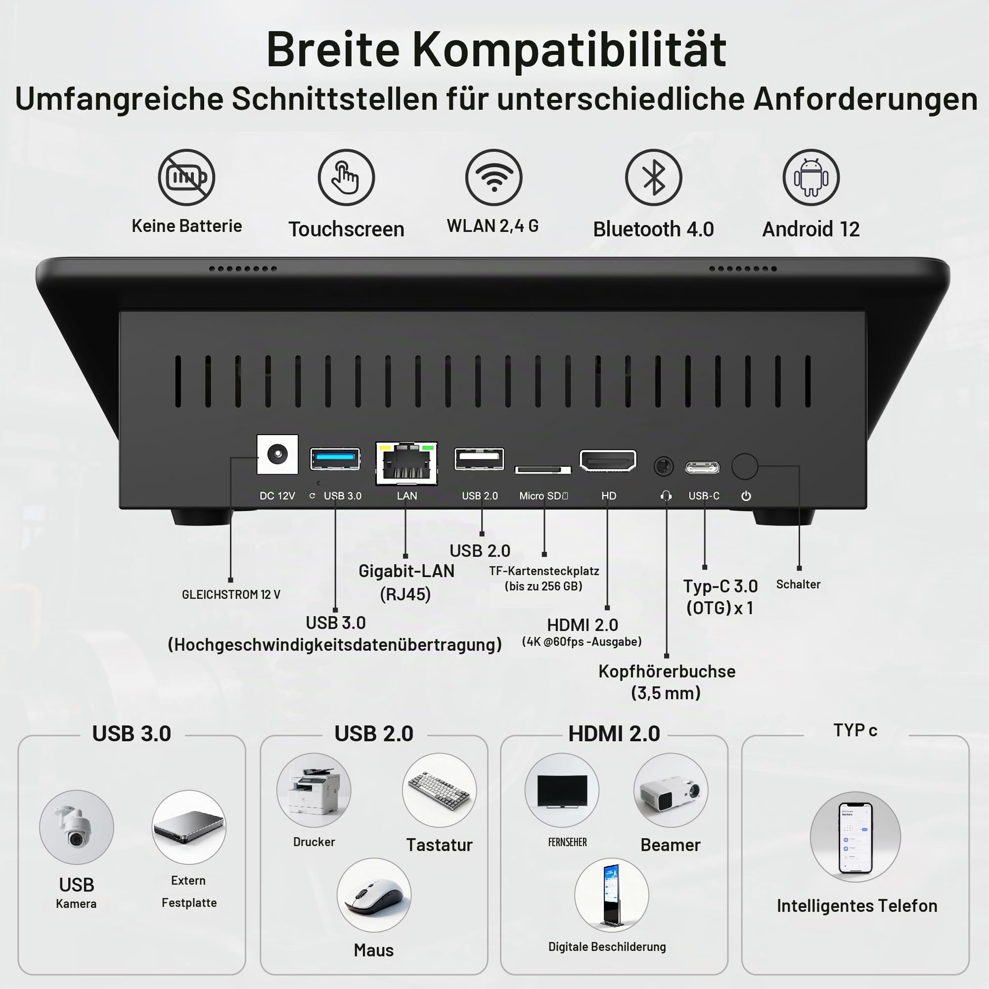 Robuster Industrie MINI PC mit Android 12, RK3399 Hexa-Core, 4GB RAM, 10,1 Zoll Touchscreen, IPS Display, G+G Touch, HDMI 4K, LAN, RS232, für Maschinensteuerung & Digital Signage