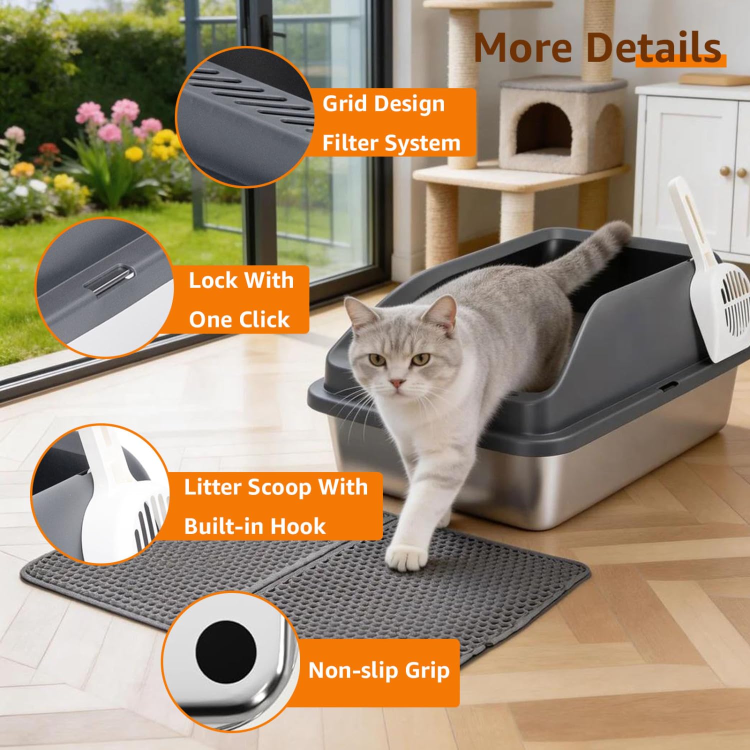 Nobleza Edelstahl Katzentoilette mit Hohem Rand, Anti-Spritz Katzenklo Set inkl. Waben-Katzenstreumatte und Schaufel, Geruchsneutral, 61 x 40,5 x 31 cm, Silber/Grau