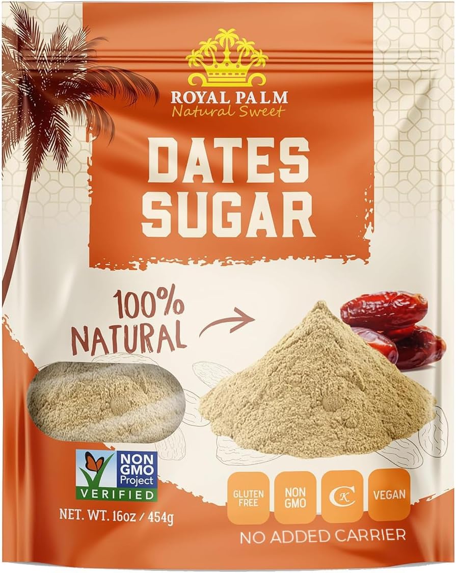 Royal Palm Pure 100% Date Sugar – Natural Sweetener & Palm Sugar Alternative - Vegan, Gluten-Free, Non-GMO & Kosher - Ideal for Baking, Coffee & Cooking - 16 oz