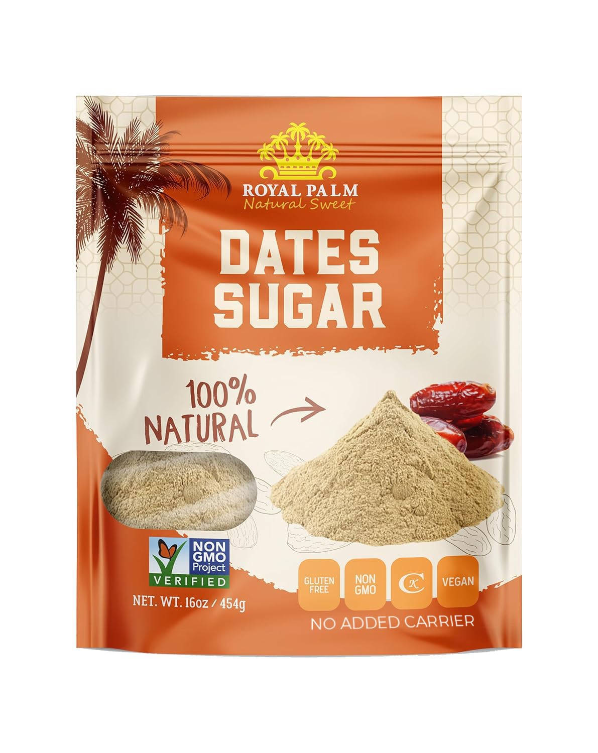 Royal Palm Pure 100% Date Sugar 1 LB | 100% Natural Sweetener | No Added Carrier | No Added Sugar | Non-GMO | Kosher | Gluten-Free | Healthy Date Sugar for Baking Cooking | Vegan Substitute