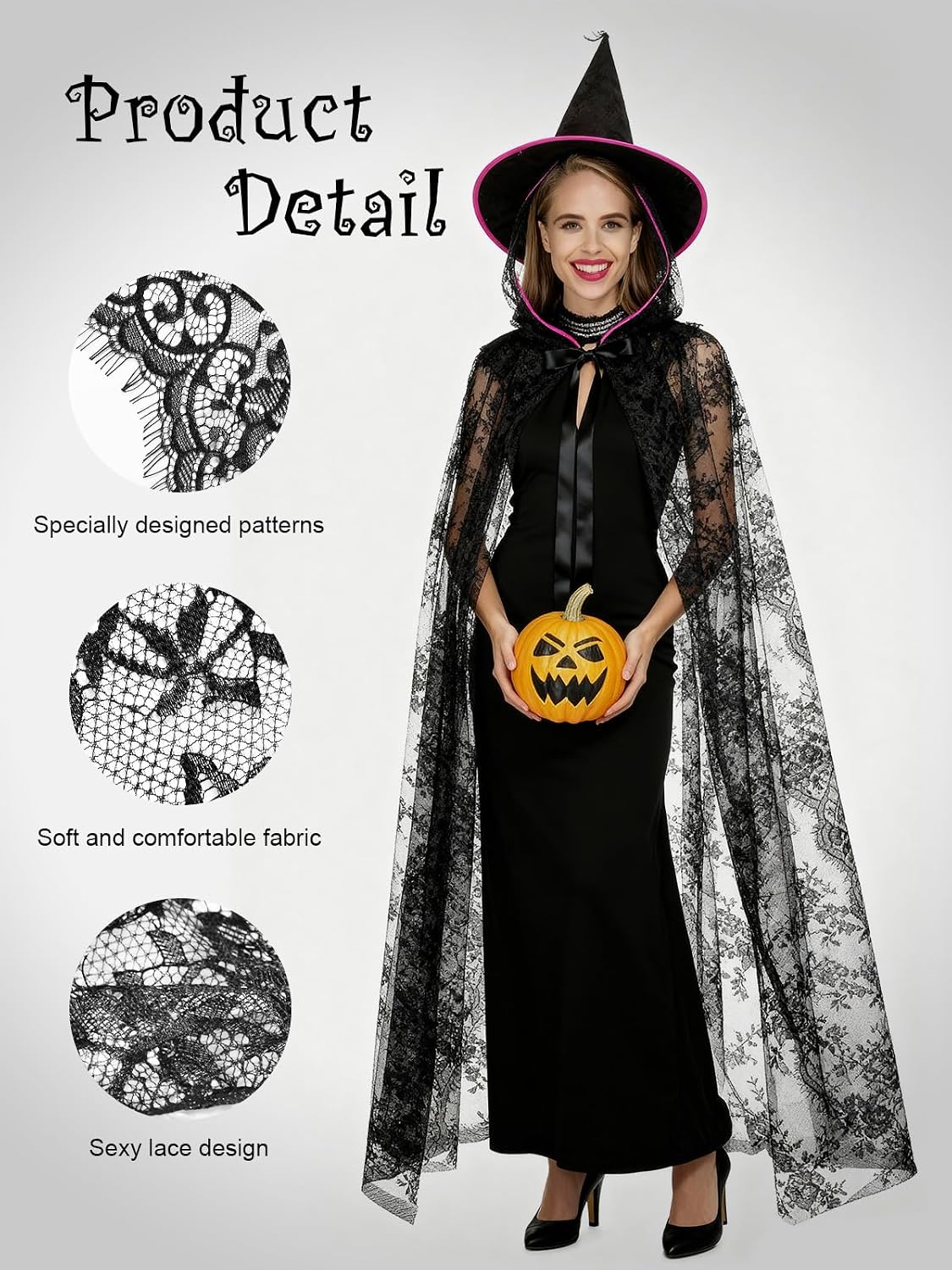 Halloween Lace Hooded Cloak Witch Tulle Cape for Women Sheer Cape Gothic Costumes Cloak for Cosplay Vampire Costume (4.3 FT) Black