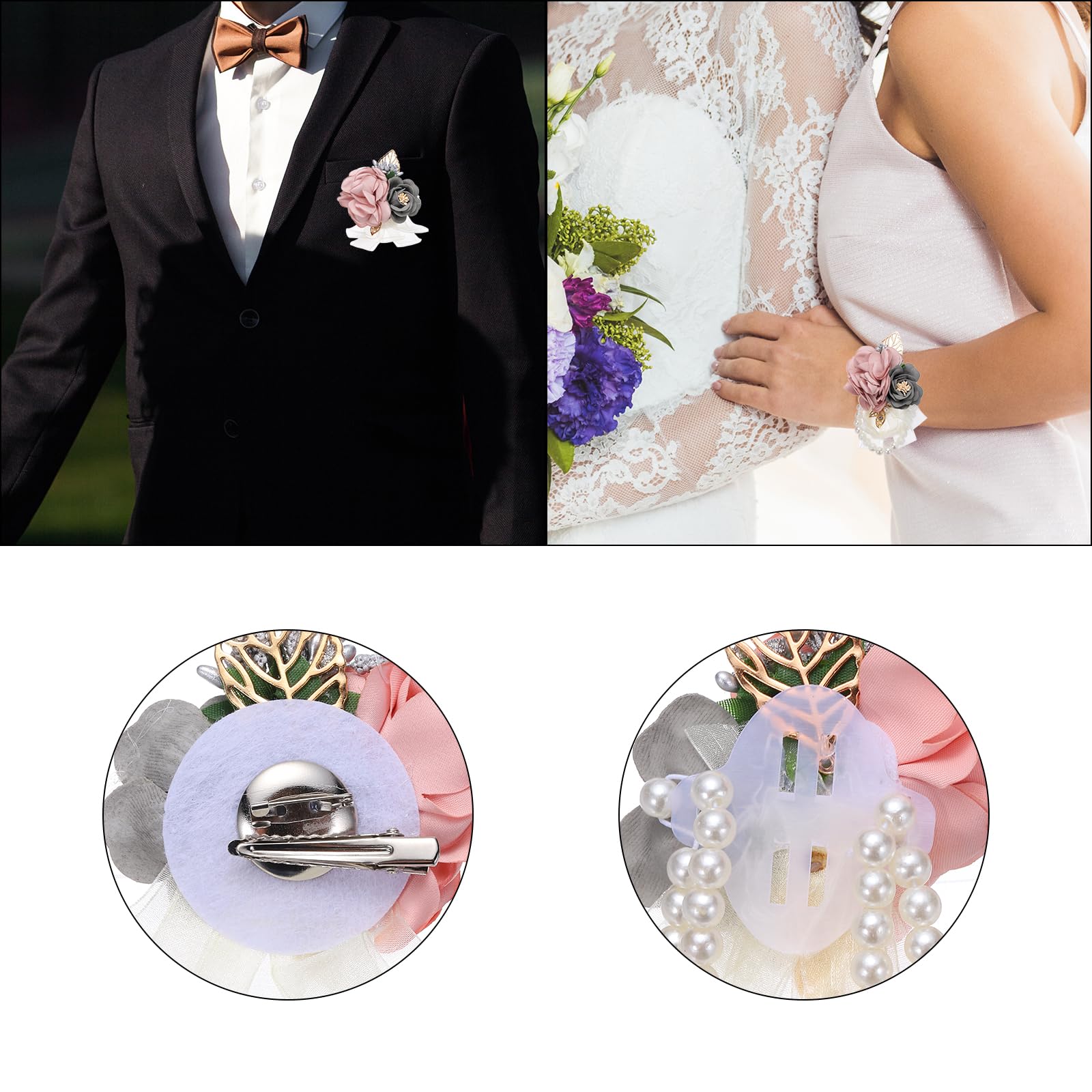sourcing map Set di bouquet da polso e fiore all'occhiello con rose, braccialetti da sposa con fiori artificiali per uomo, per cerimonia nuziale, ballo, festa, anniversario, champagne