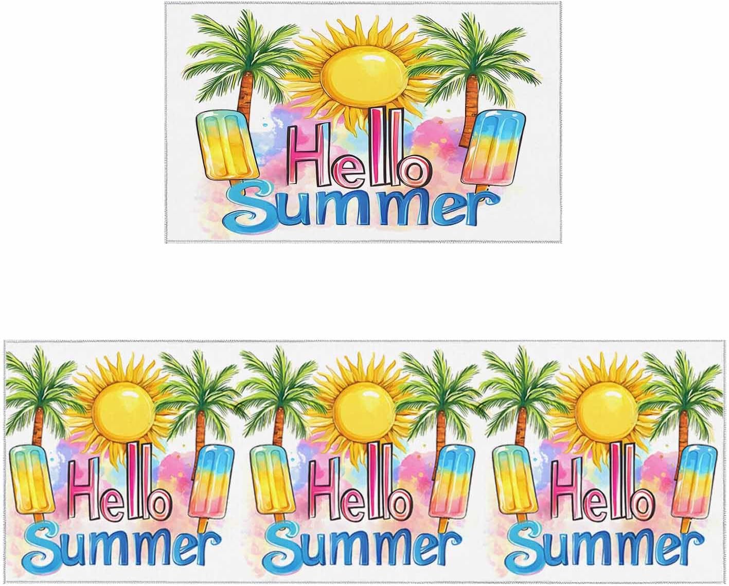 2 Pieces Kitchen Rugs and Mats,Summer Seasonal Sun Palm Trees Area Runner Rug Set Non Slip Floor Doormat Washable Carpet Standing Mat for Kitchen Sink Indoor Corridor,Watercolor Coastal Landscape