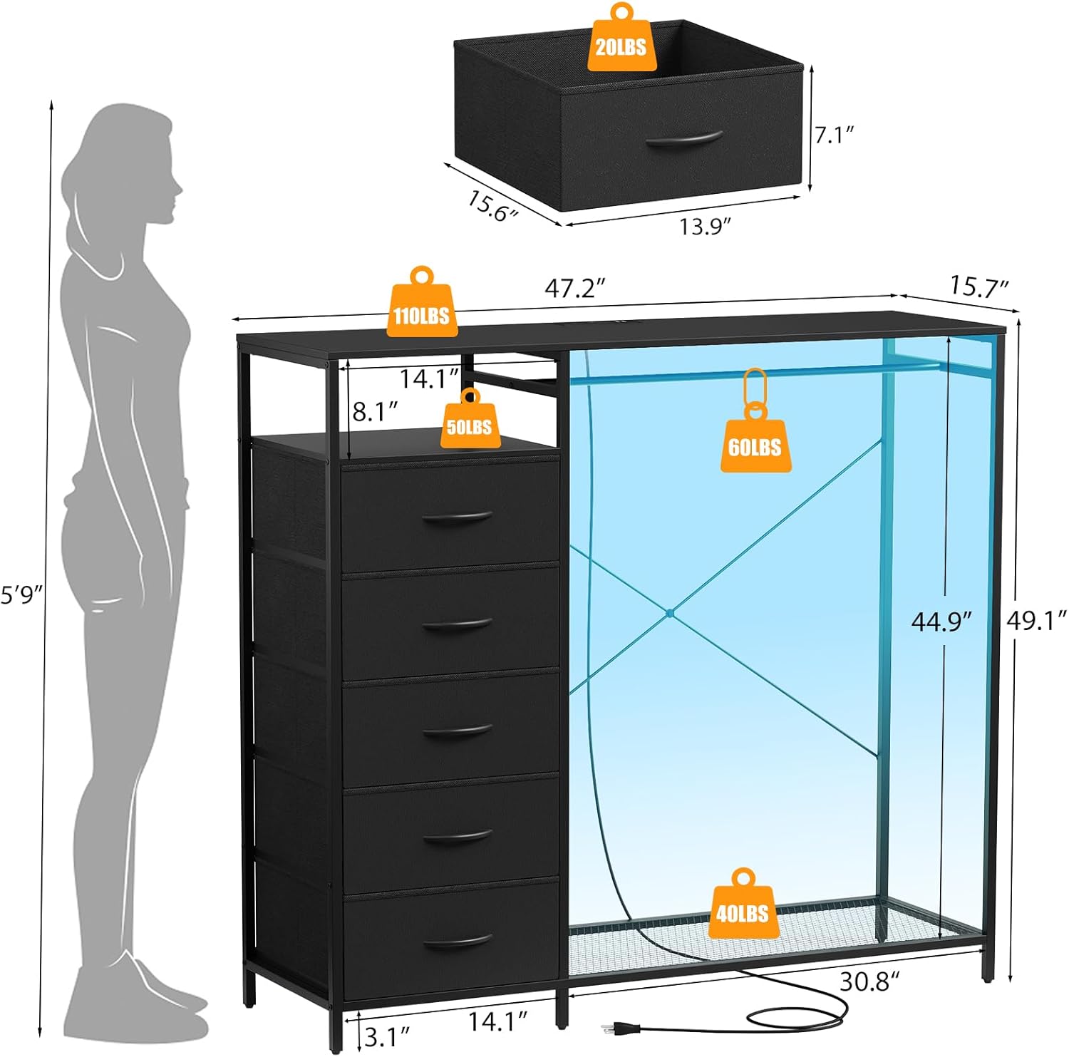 47 Inch Black Dresser with LED Lights & Hanging Rack, 5 Drawer Fabric Dresser with Charging Station and Shelves, Tall Closet Organizer for Bedroom Clothes Storage