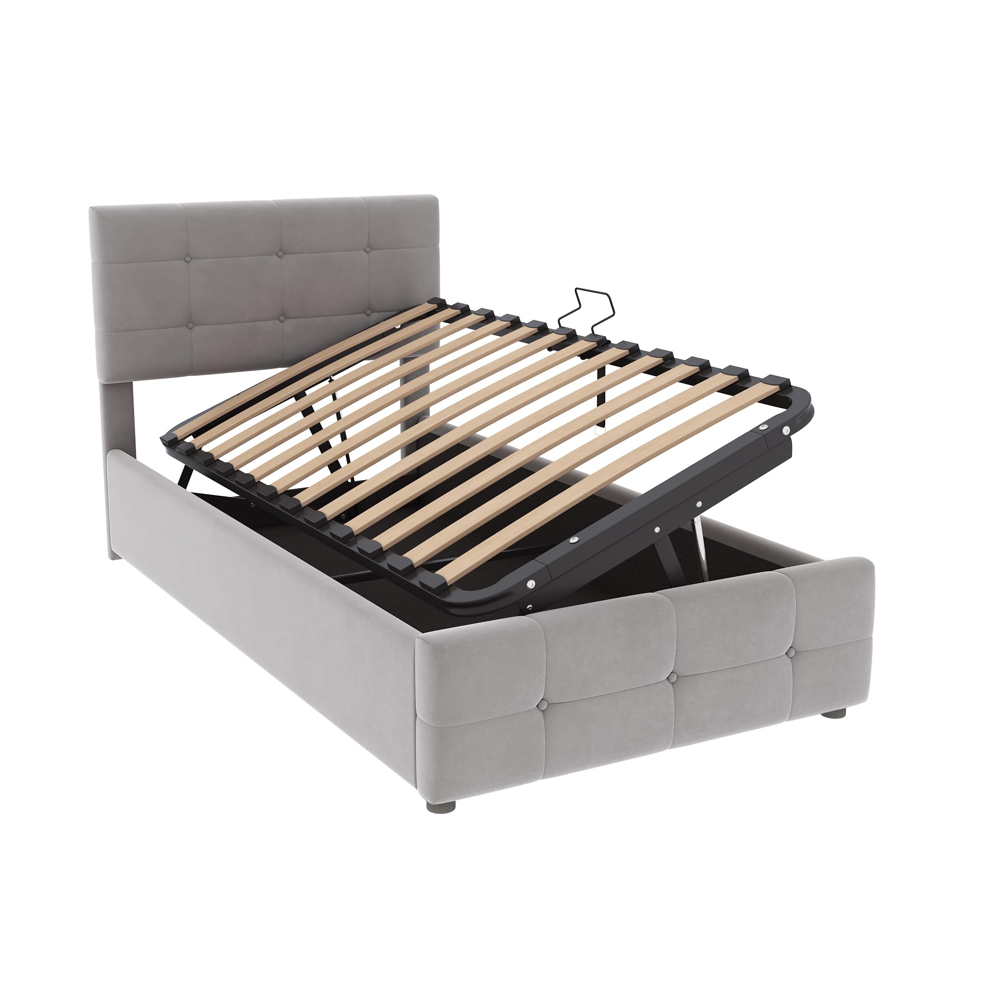 Boxspringbett 90x200 mit Bettkasten, Hydraulisches Einzelbett Polsterbett mit Lattenrost, Bettgestell mit Stauraum, Schlafzimmer Komplett, Stauraumbett, Samtstoff, Ohne Matratze, Grau
