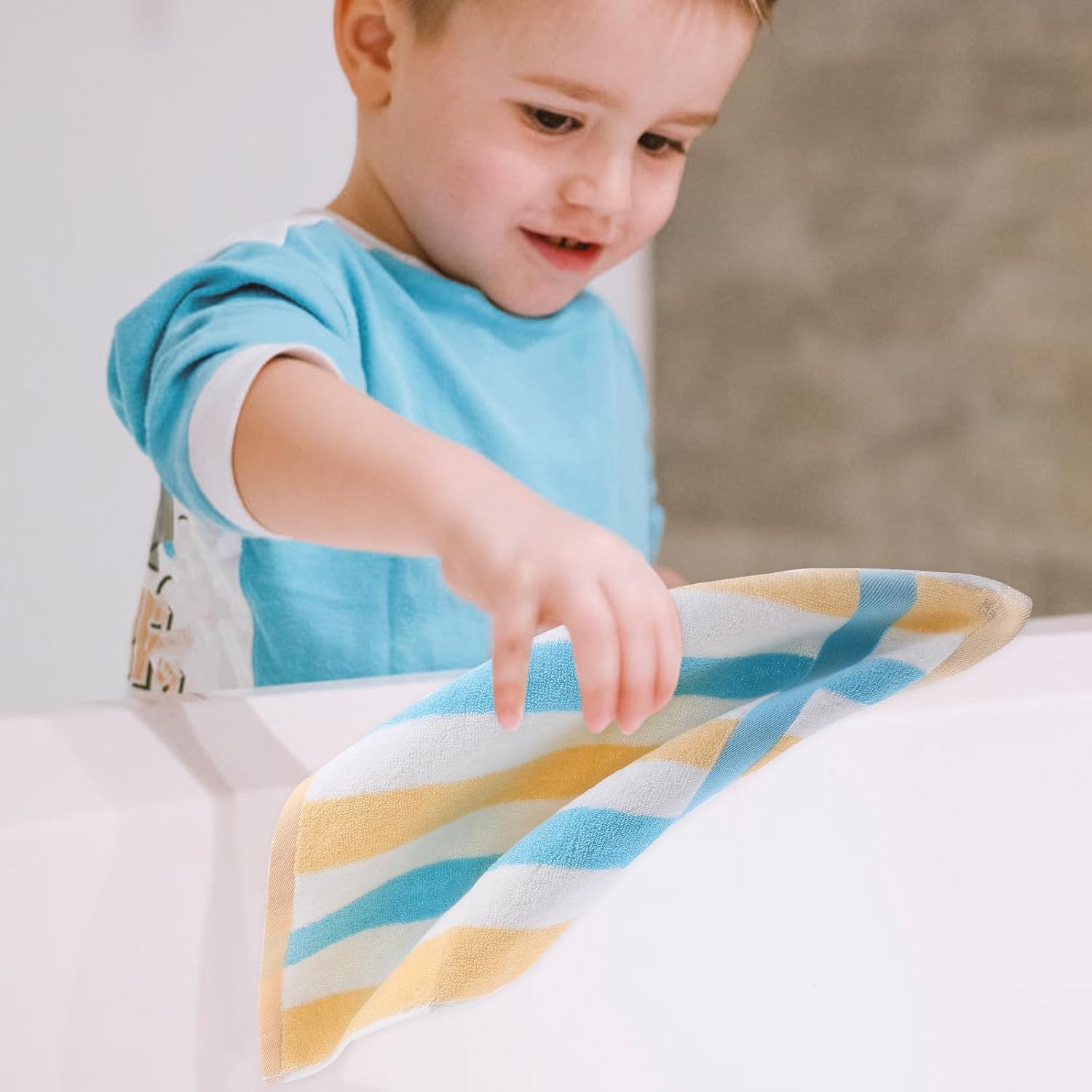 3pcs Cotton Washcloths 13.4inch Soft Non-Twisted Blue Striped Face Towels for Bathroom and Bath Use