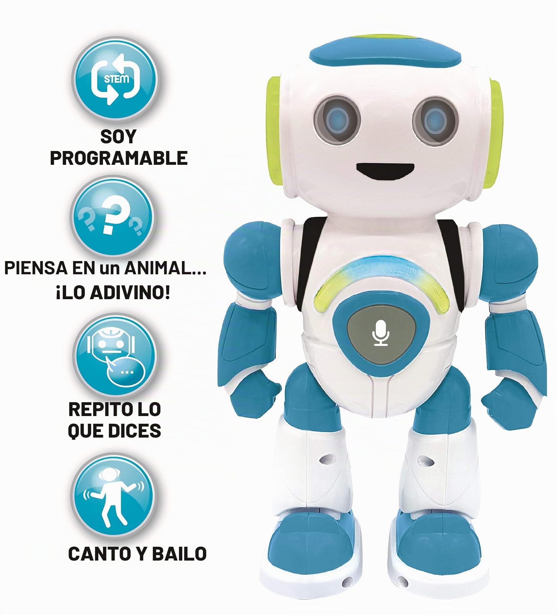 Lexibook- Powerman Jr. Robot Inteligente Que Lee en los Pensamientos, Juguete para niños y niñas, Danza, Juegos de música, Quiz Animales, programable Stem, Verde/Azul, ROB20FR