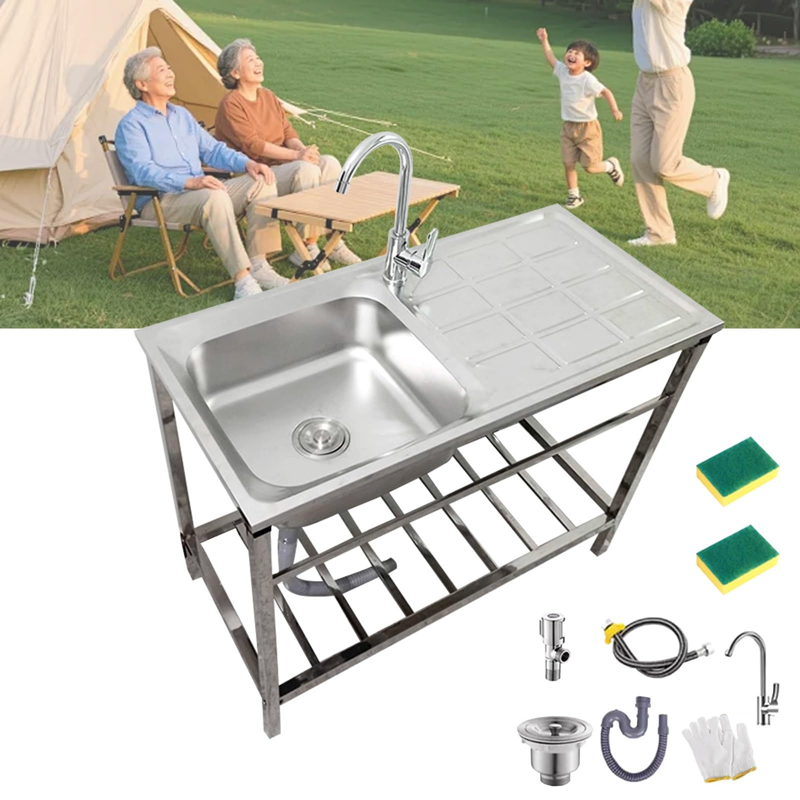 Fregadero De Acero Inoxidable Independiente con Grifo Fregadero Portatil Cocina Exterior Jardin 75x40x75cm Fregadero con Armario Bajo Para Exterior E Interior 1 Lavabo Fregaderos Industriales