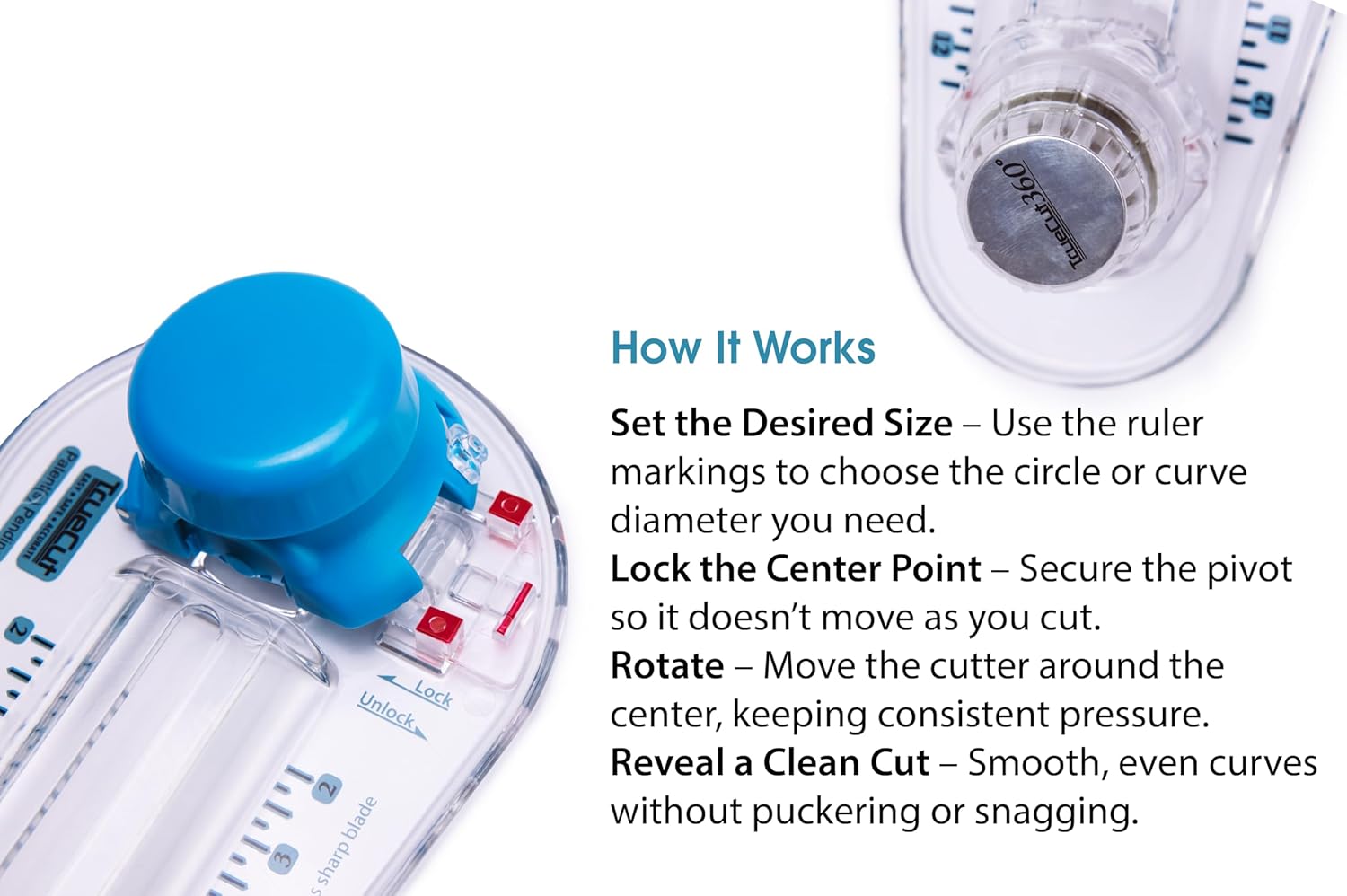 TrueCut 360° Fabric Circle Cutter – Rotary Cutting Tool for Quilting, Sewing, Crafting – Cuts Perfect 1-12" Circles in Fabric, Felt, Vinyl, Paper – Easy-to-Use Precision Blade
