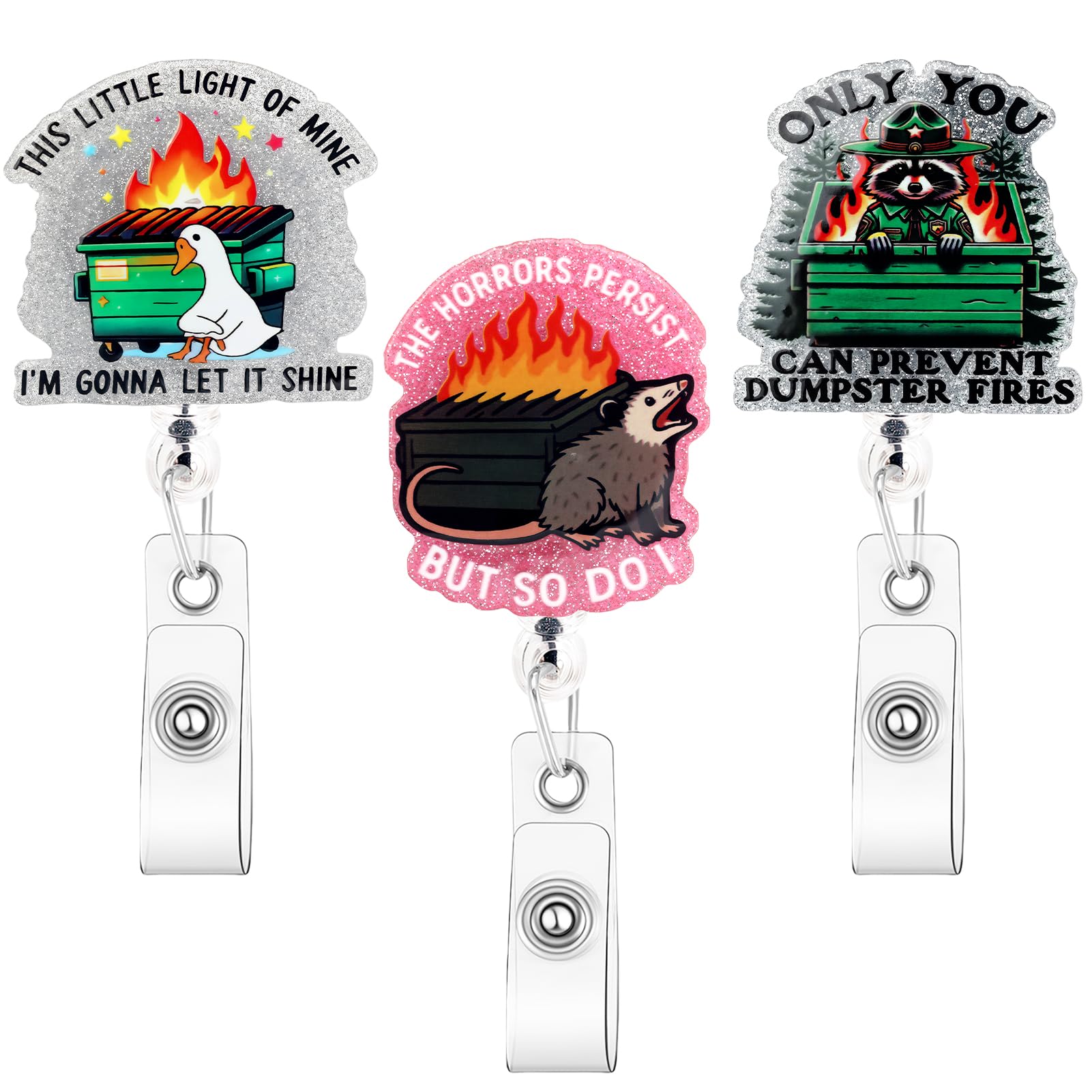 Zkptops 3Pcs Funny Dumpster Fire Badge Reel Cute Nurse Badge Reel with Retractable Alligator Clip Badges Holder Buddy for Nurses Doctors ID Card Decor Acrylic Name Tag Badges Accessories for Gifts — image 1