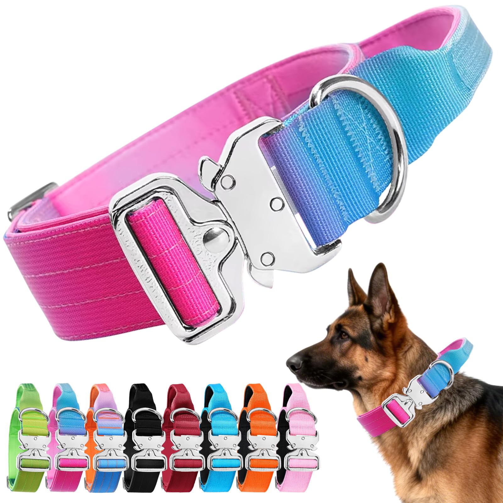 Collar Perro Táctico, Collar de Perro Nylon Ajustable Ancho con Mango de Control y Hebilla de Metal, Dog Collar para Perros Medianos y Grandes (Degradado Rosa Azul Claro Morado, L)