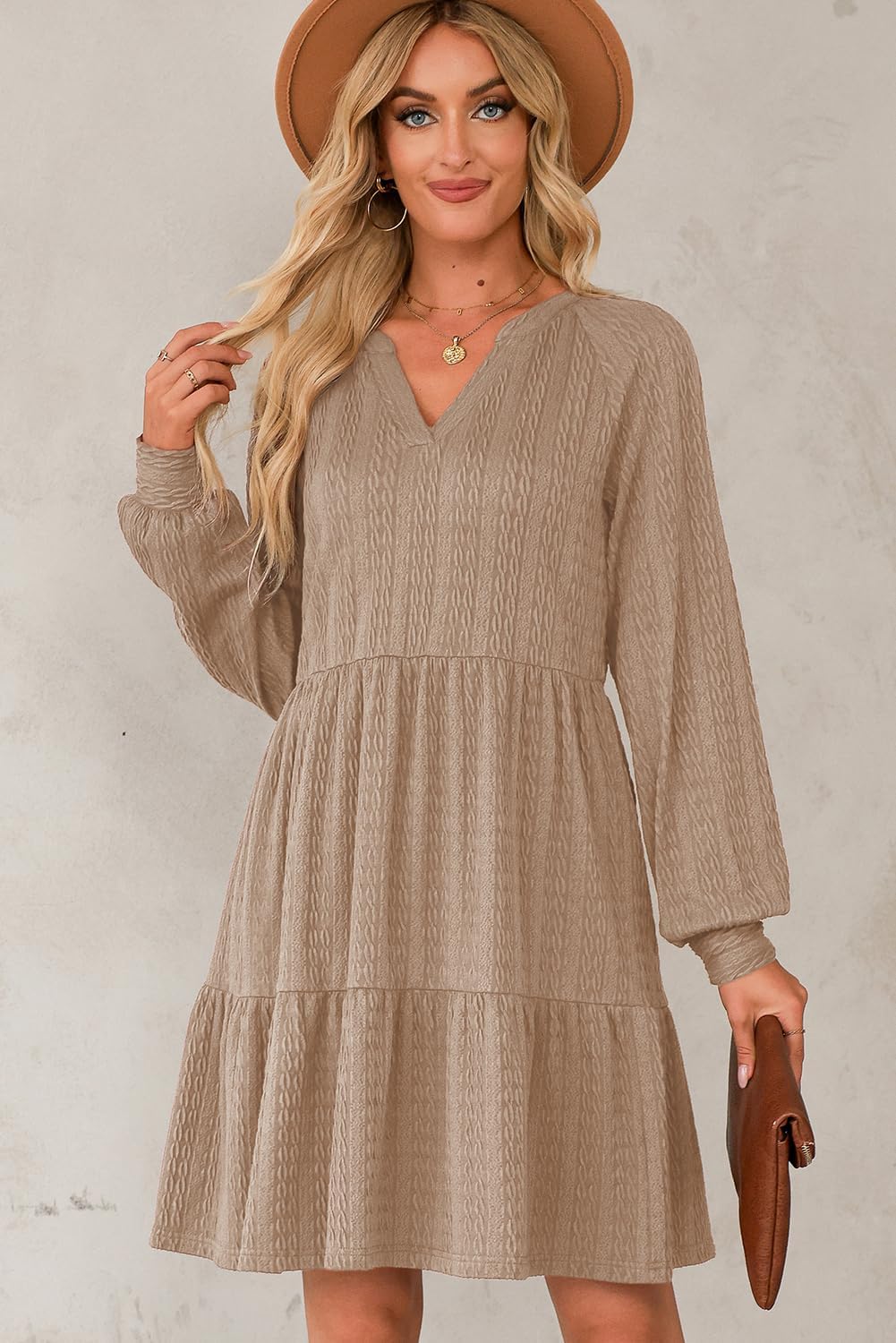 Dokotoo Fall Dresses for Women 2025 Long Sleeve V Neck Textured Casual Lightweight Tiered Ruffle A-Line Mini Babydoll Dress - Image 2