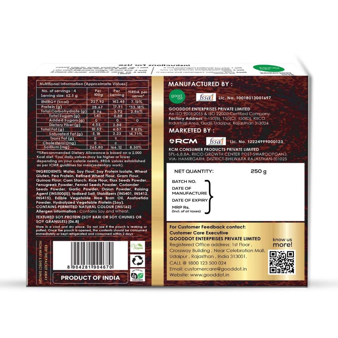 Good Dot Vegetarian Bytz Soya Protein Bites | Plant Based Meat Alternative | High Protein Veg Chunks | Ready to Cook Soy Snack | Vegan Food | 250g Pack of 2