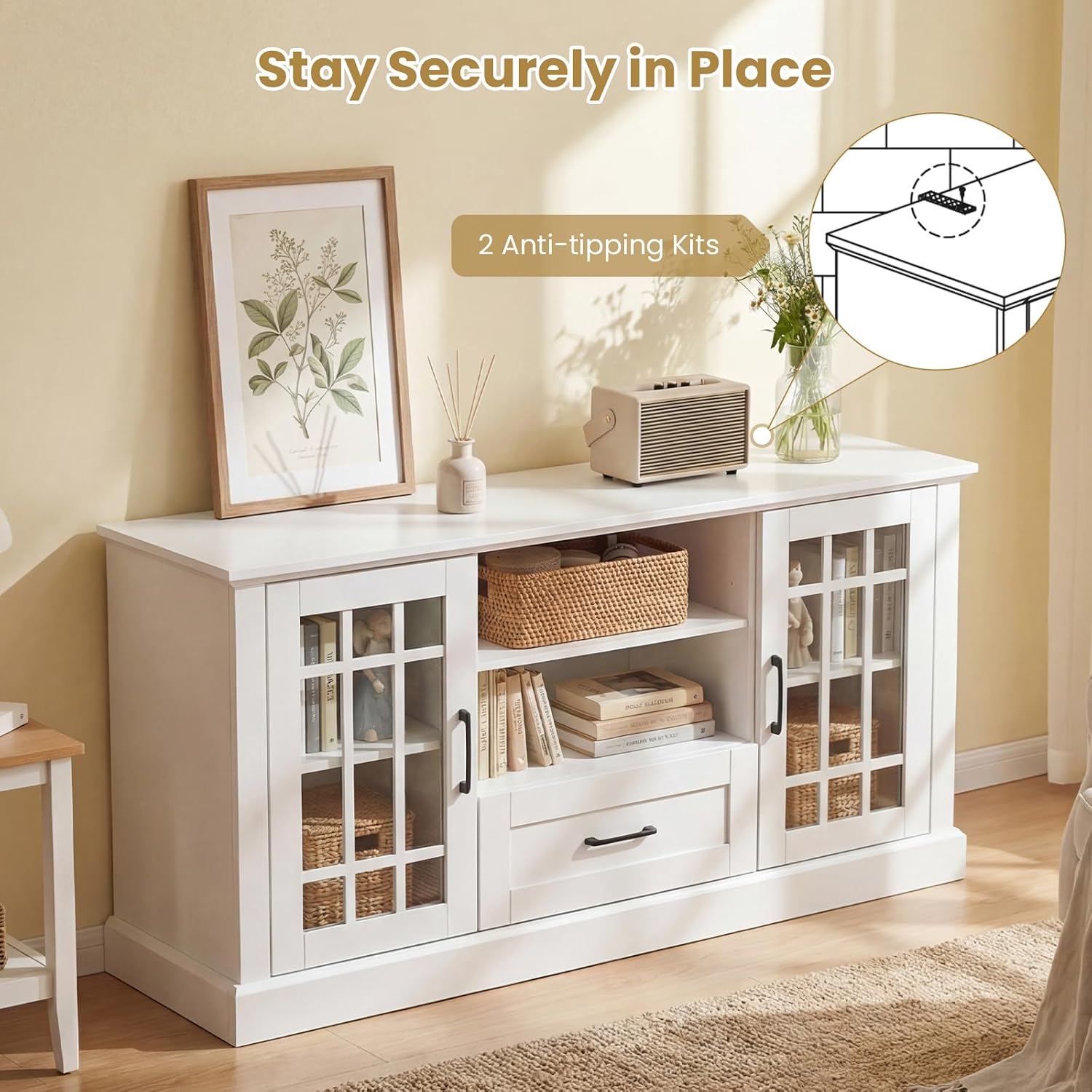 KOTEK Farmhouse TV Stand for TVs up to 70 Inch, Tall TV Console Table w/2 Glass Doors, Removable Shelves, Drawer, Entertainment Center with Storage Cabinets for Living Room, Bedroom (White)