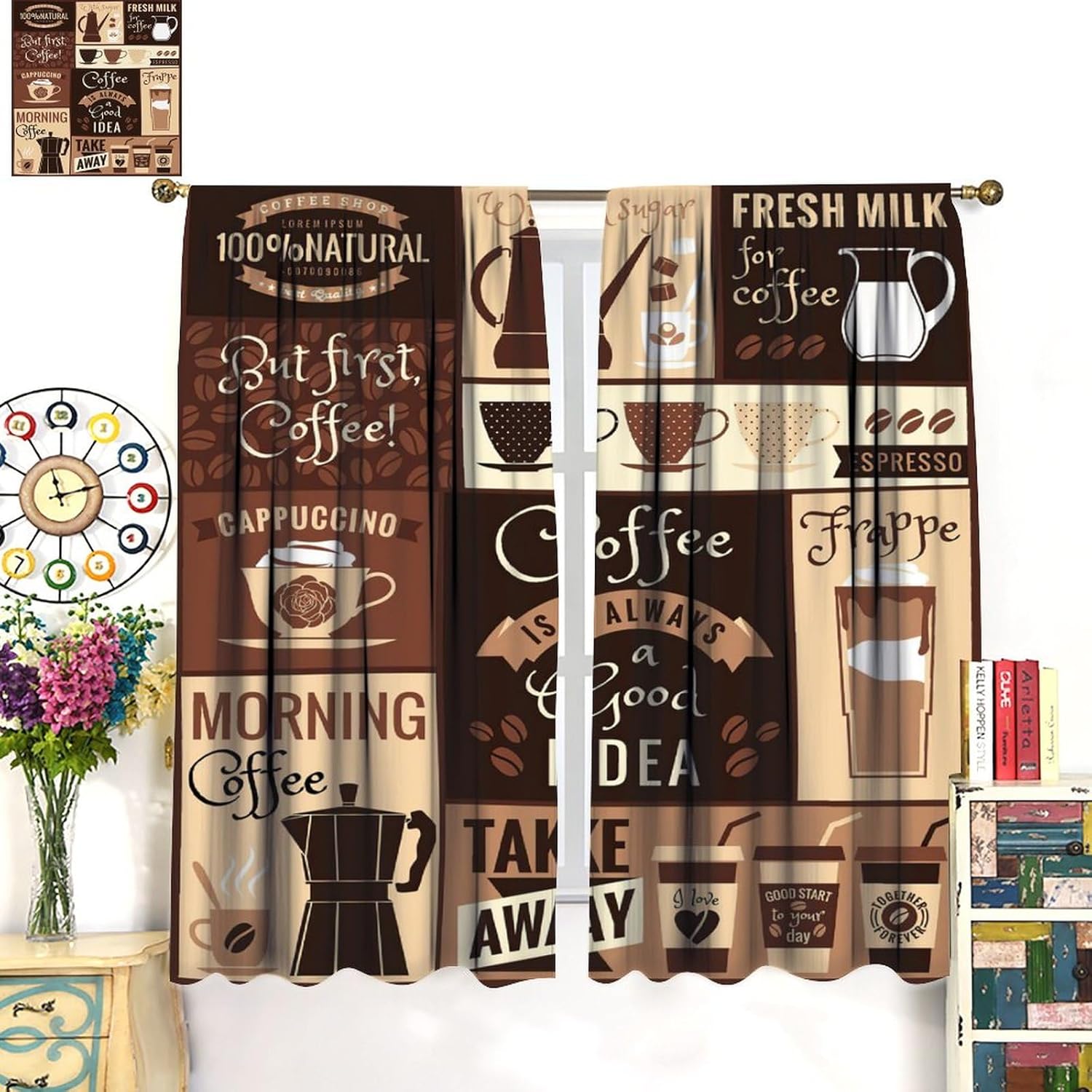 Coffee Themed Curtains, Rustic Vintage Latte Cafe Farmhouse Cafe Coffee Bean Window Treatments for Bedroom Living Room Kitchen Blackout Curtains42X45 Inch