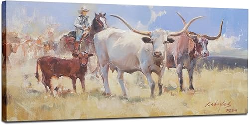 Lienzo decorativo para pared, diseño rústico de vacas de cuerno largo, enmarcado de 20 x 40 pulgadas, arte rústico de vacas de vaca, decoración de