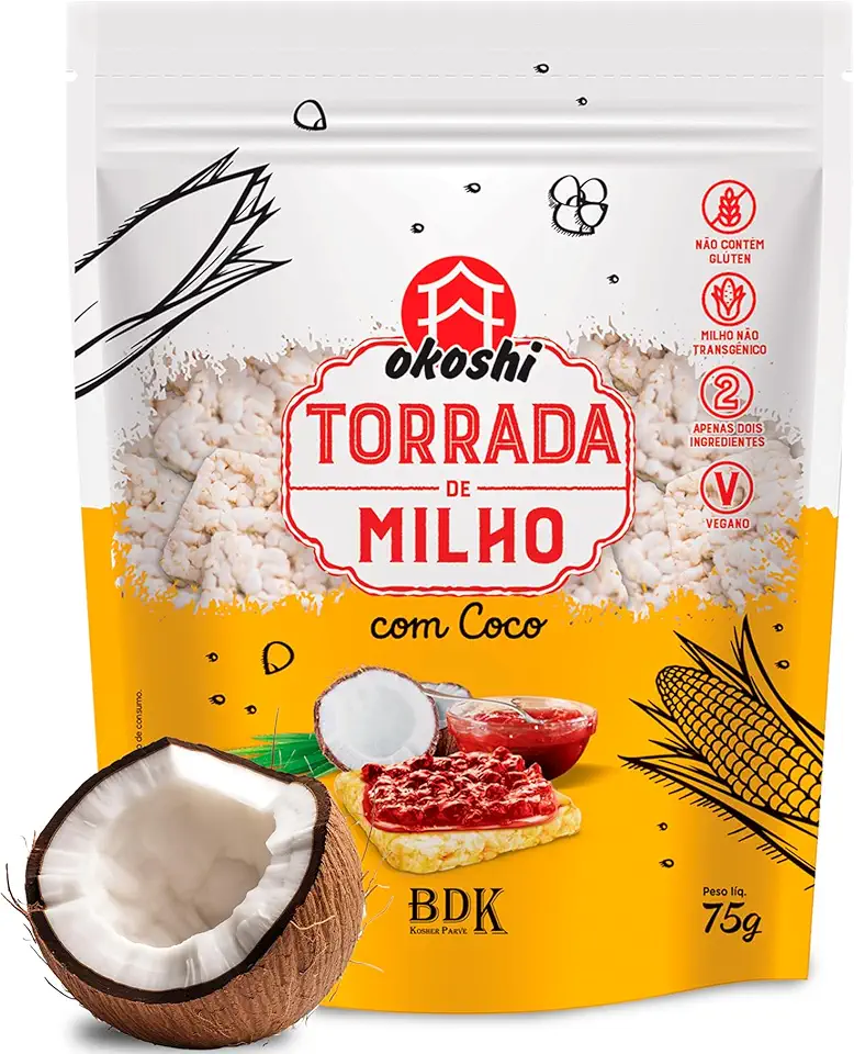 OKOSHI - Torrada de Milho com Coco - Snacks Saudáveis de Baixa Caloria, Lanches Fit para a Dieta - Vegano, Sem Glúten, Sem Lactose, Sem Gordura Trans, Kosher - 75g