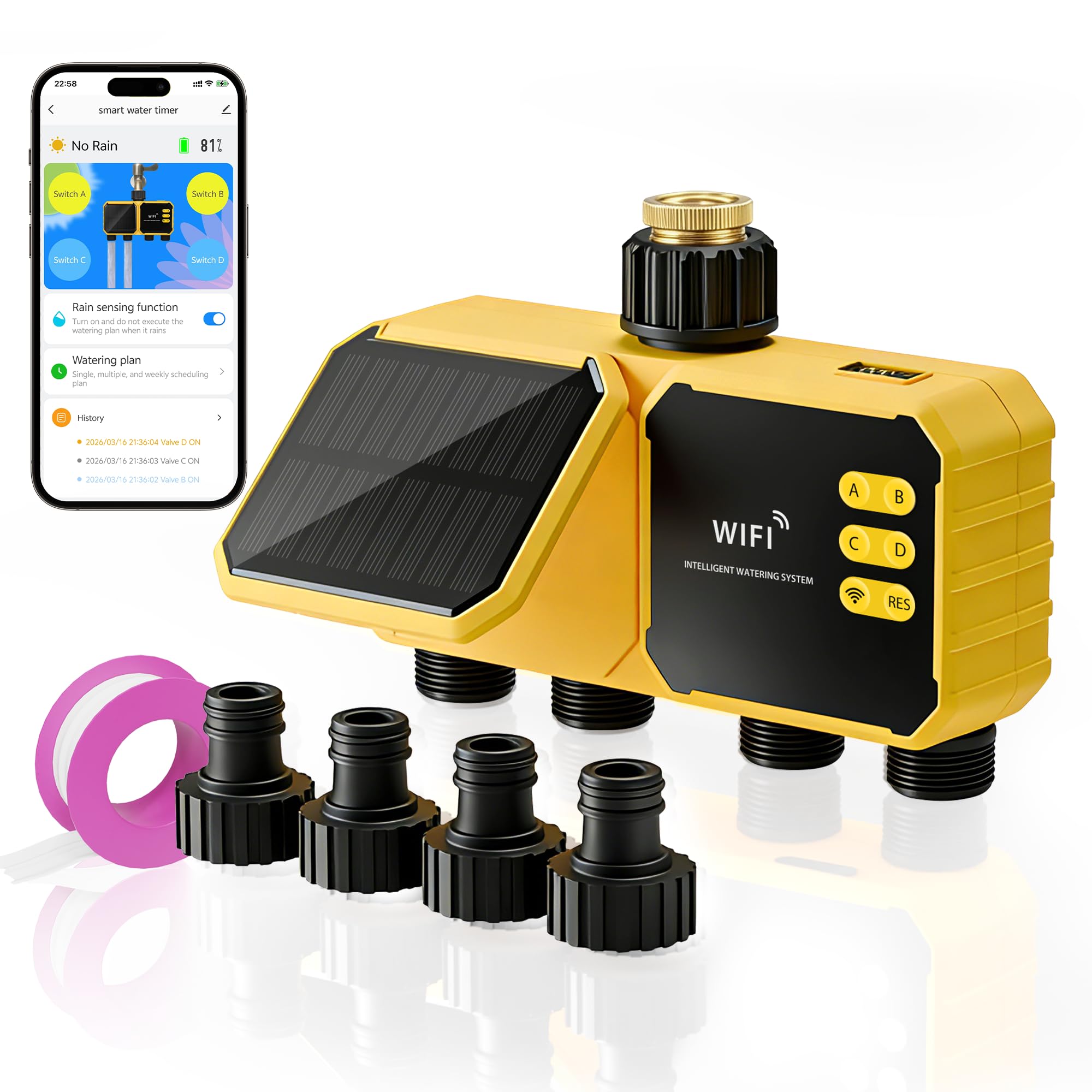 Timer per irrigazione WiFi a 4 zone, timer intelligente per acqua per tubo da giardino, 4 uscite con ritardo della pioggia/sistema di irrigazione automatico/manuale per prato, controllo vocale remoto