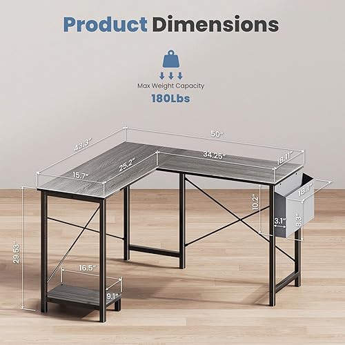 Miniatura 3 de DUMOS Escritorio en forma de L para computadora de escritorio, mesa de esquina para juegos de 50 pulgadas, oficina en casa, mesa de escritura,