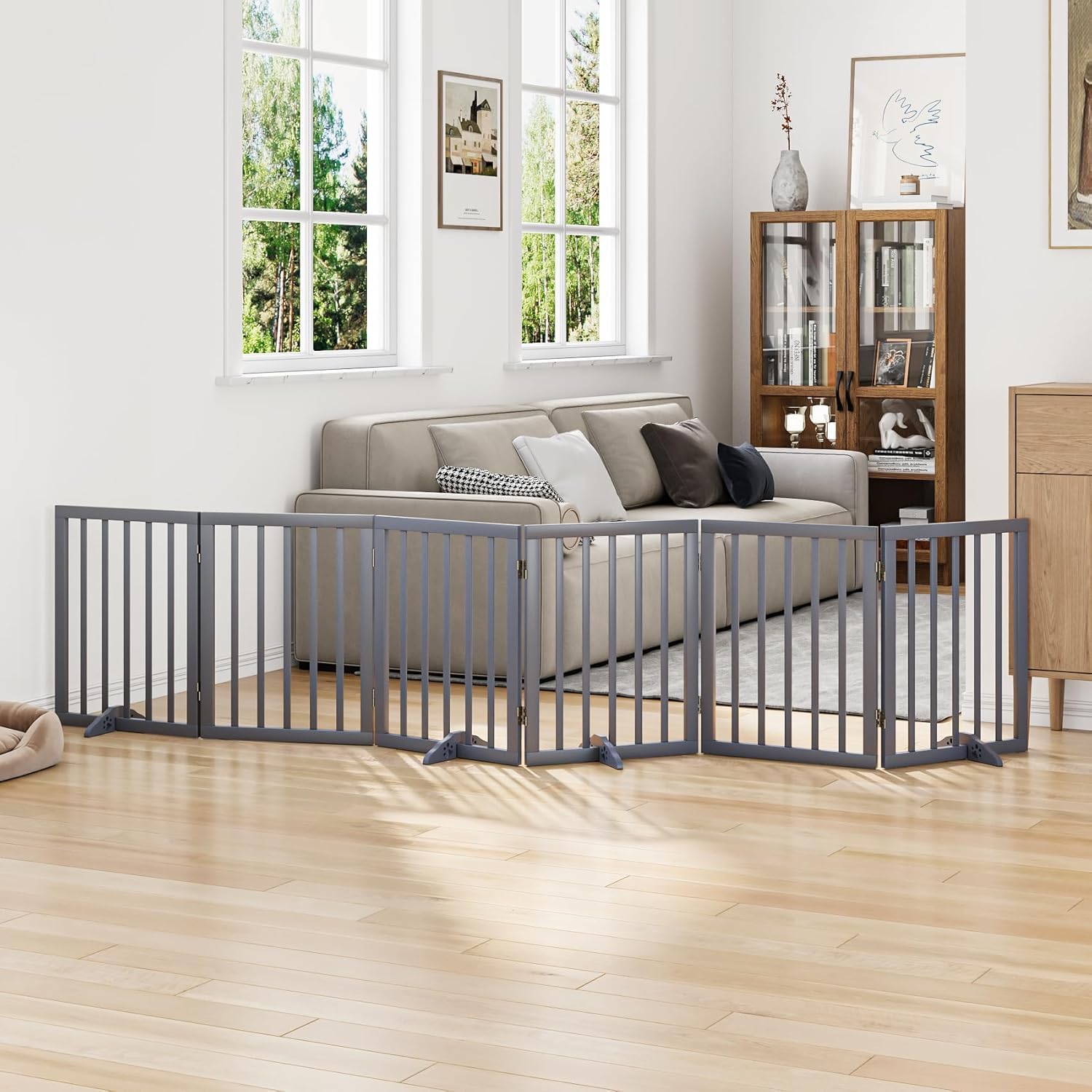 2 Panel Foldable Wooden Pet Safety Gate for Dogs & Puppies | Freestanding Indoor Pet Fence | No Installation Required | Foldable Dog Barrier for Stairs, Doorways & Hallways Grey-image-37