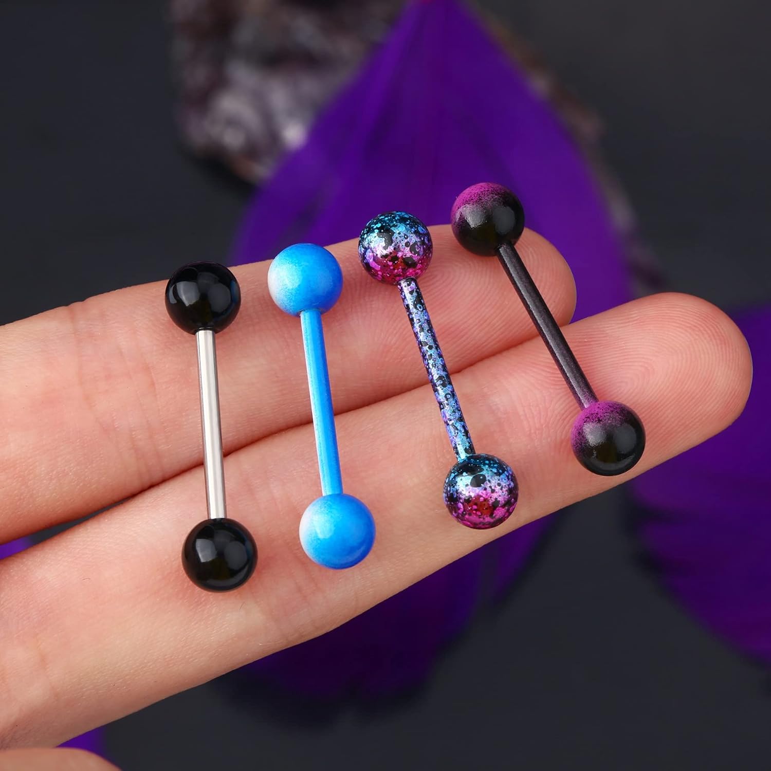 OUFER 4 PCS Stainless Steel 14G Barbell Tongue Rings - Purple Black Splatter Tongue Barbell Piercing Jewelry - Image 5