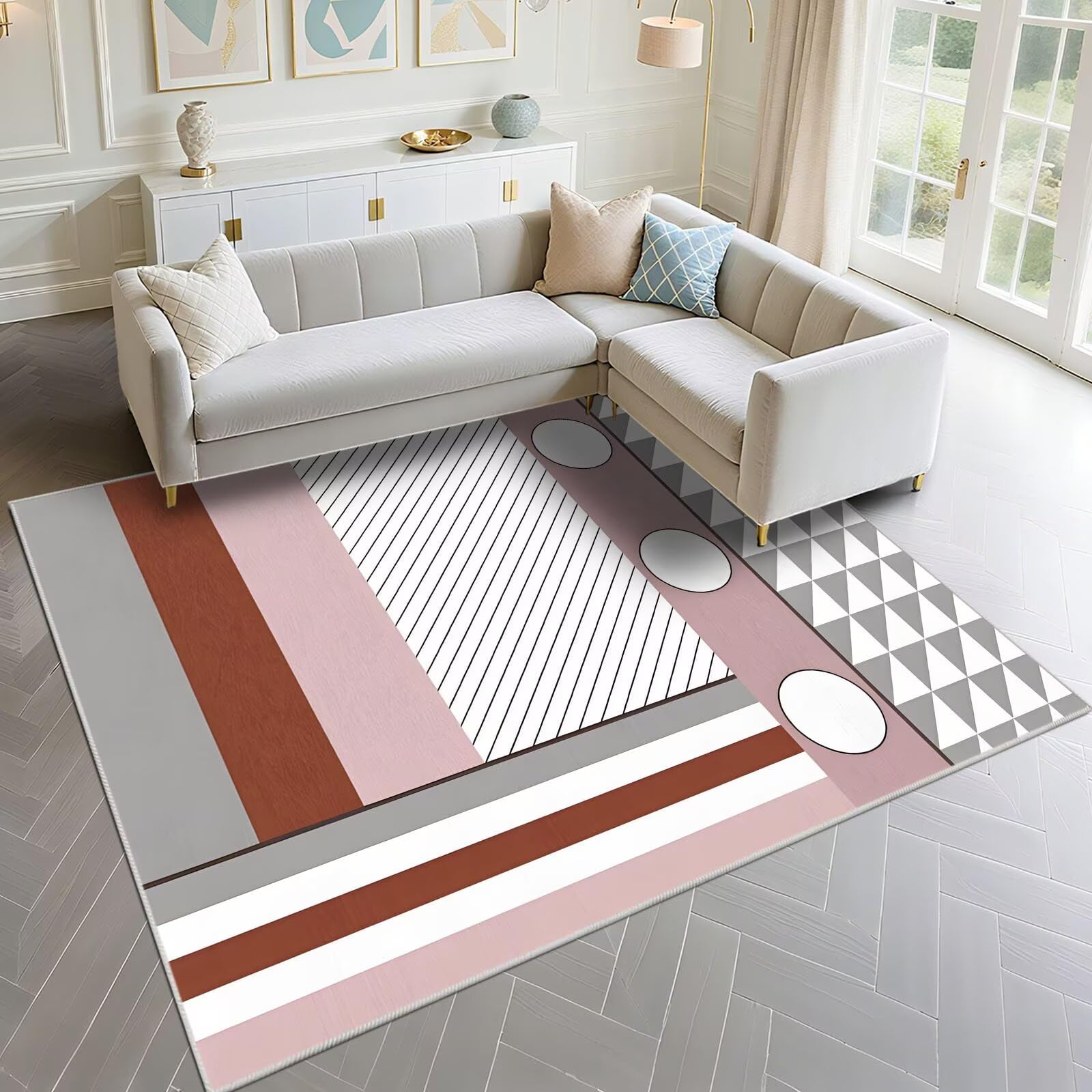 Tapis XXL rose gris rayures modernes salon chambre fille 180x250