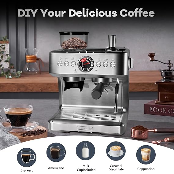 Garvee Espresso Machine with Grinder & Milk Frother, 20 Bar Professional Pressure & 95Oz Large Water Tank, Semi-Automatic Coffee Maker for Cappuccino/Latte/Macchiato, Design for Home Barista