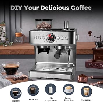 Garvee Espresso Machine with Grinder & Milk Frother, 20 Bar Professional Pressure & 95Oz Large Water Tank, Semi-Automatic Coffee Maker for Cappuccino/Latte/Macchiato, Design for Home Barista