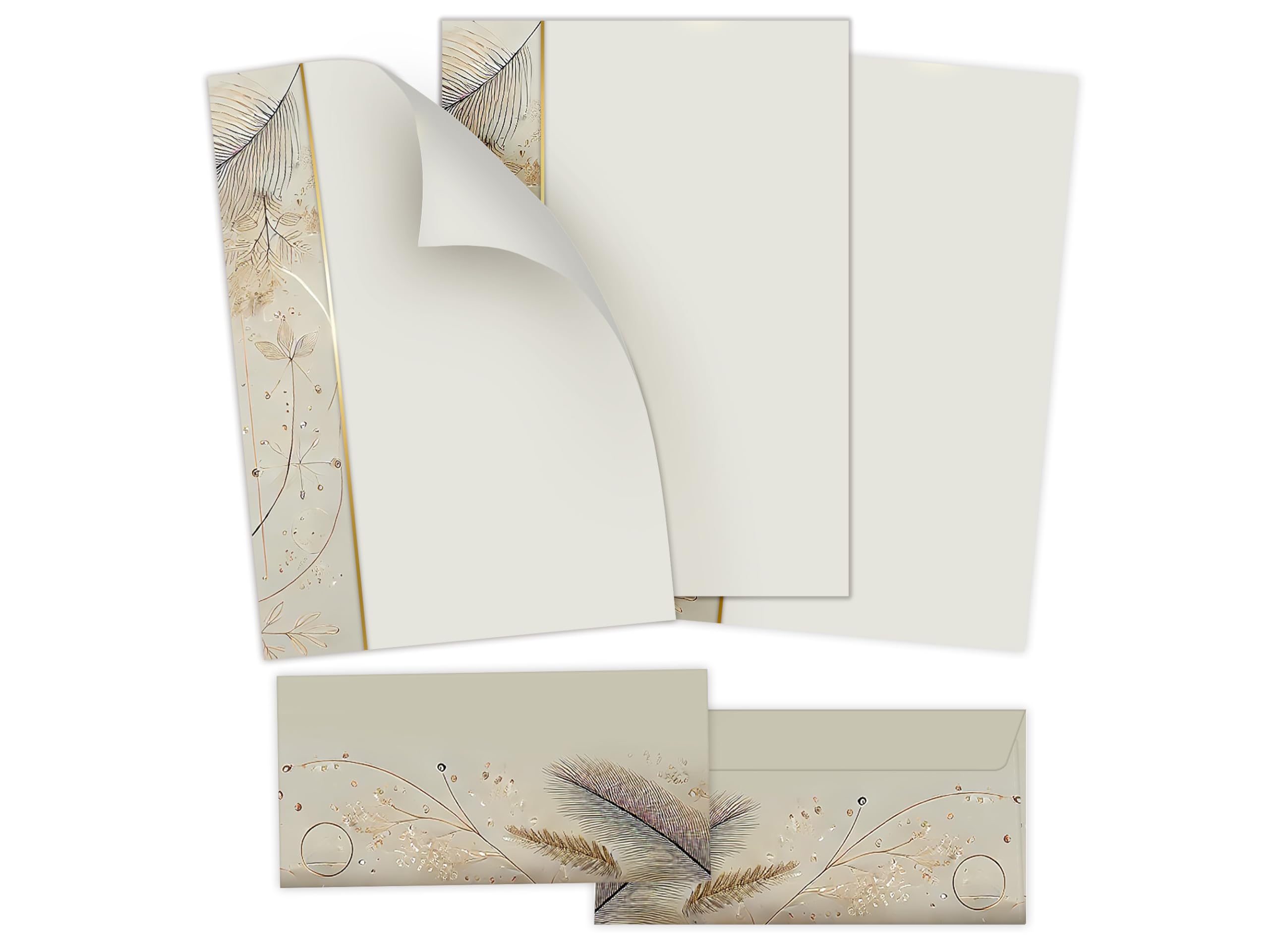 Briefpapier-Set 250 Druckerpapier DIN A4 + 250 Kuverts DIN-lang haftklebend Naturfarben Elegante Federn - Naturskizzen beidseitig bedruckbar für Geburtstag Jubiläum Hochzeit Menükarte
