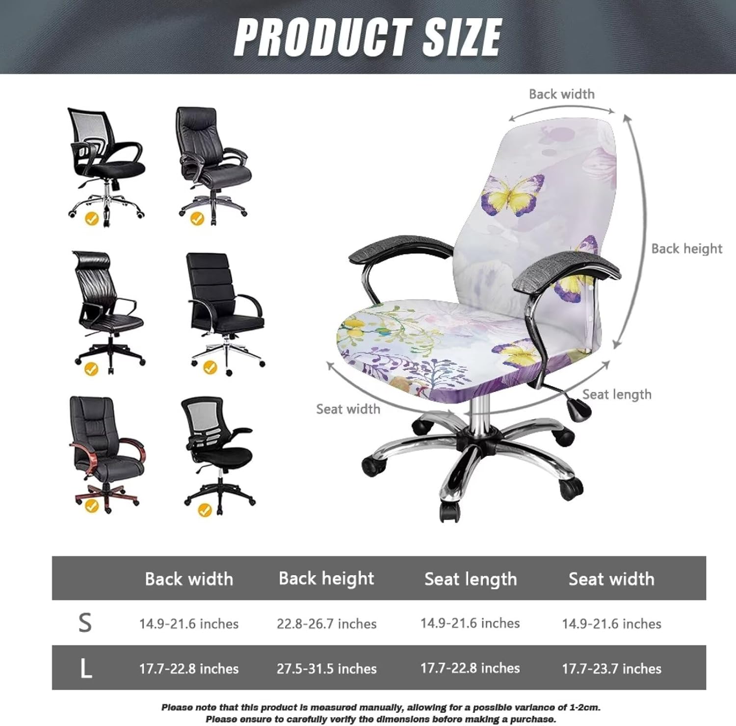 Butterfly Floral Office Chair Cover Water Resistant Dining Chair Cover with Elastic Edge Soft Desk Computer Chair Slipcover for Armchair or Armless Chair Slip Cover-L